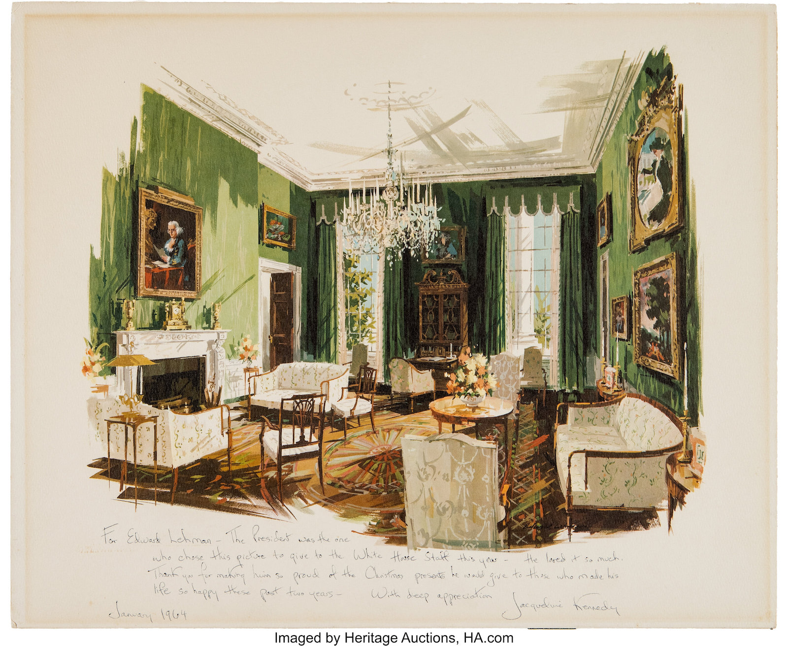 Jacqueline Kennedy White House Green Room Gift Print Inscribed and Signed to Artist, Edward H. Lehman