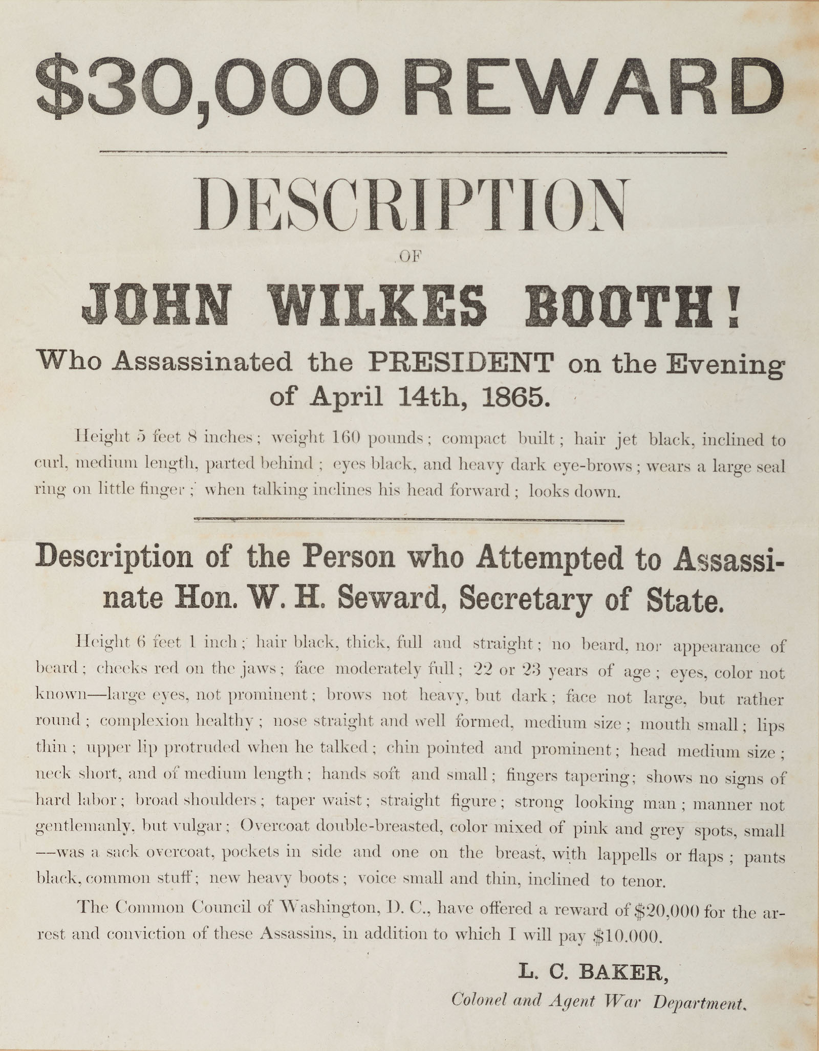 $30,000 Reward. Description of John Wilkes Booth!