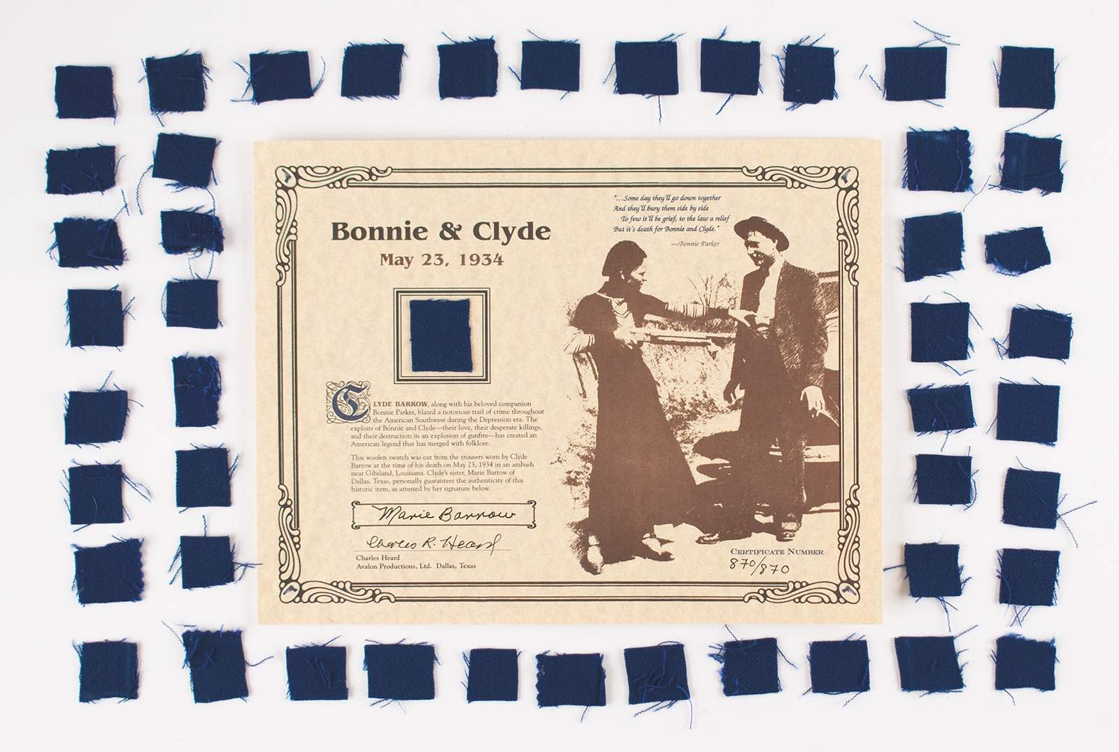 Over 40 blue wool swatches cut from Clyde Barrow's trousers, worn when he and Bonnie Parker were fatally ambushed