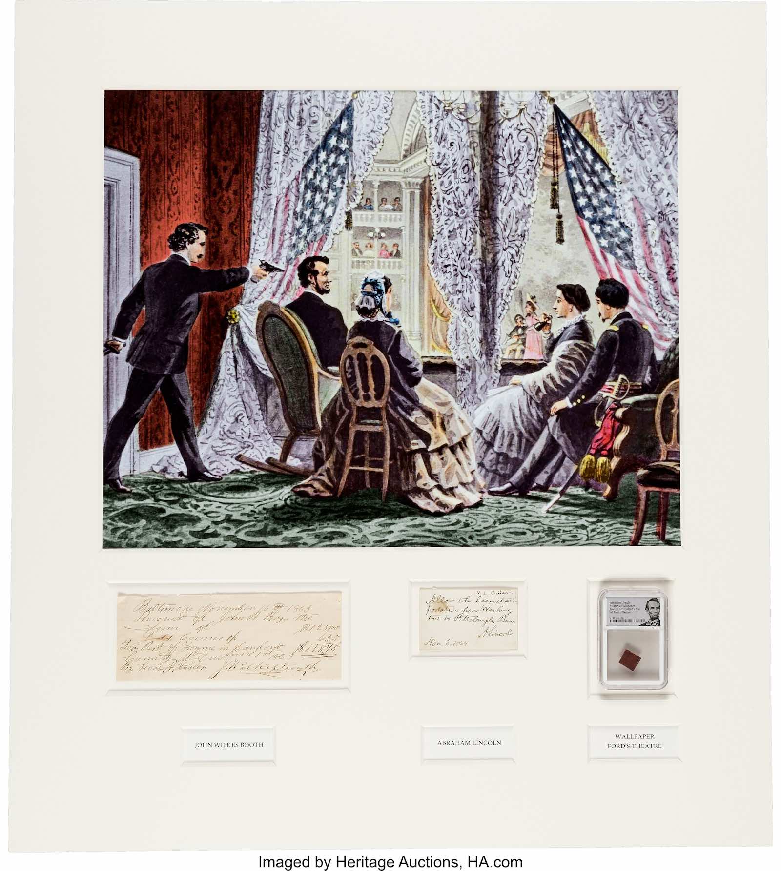An Abraham Lincoln and John Wilkes Booth display with signatures and slabbed wallpaper from Ford’s Theater