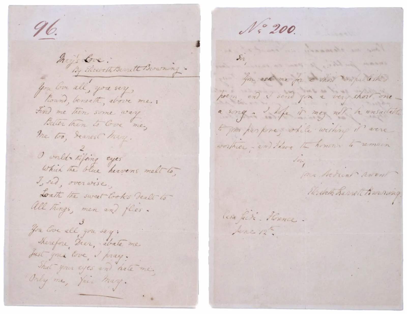 Autograph Letter, signed ("Elizabeth Barrett Browning"), with Autograph Song May's Love