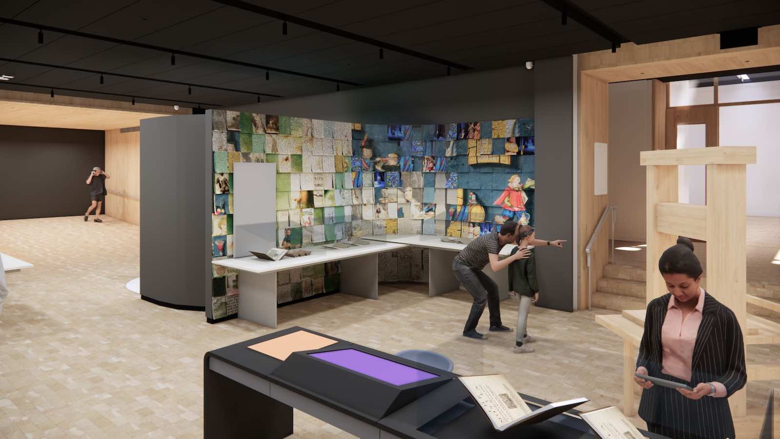 Shakespeare Exhibition Hall with printing press at the Folger rendering