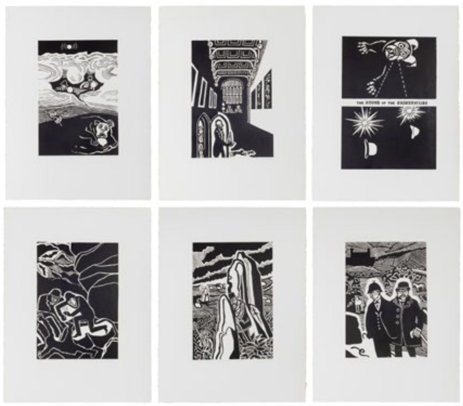 A group of 7 original linocut prints from The Folio Society illustrated edition of The Hound of the Baskervilles.