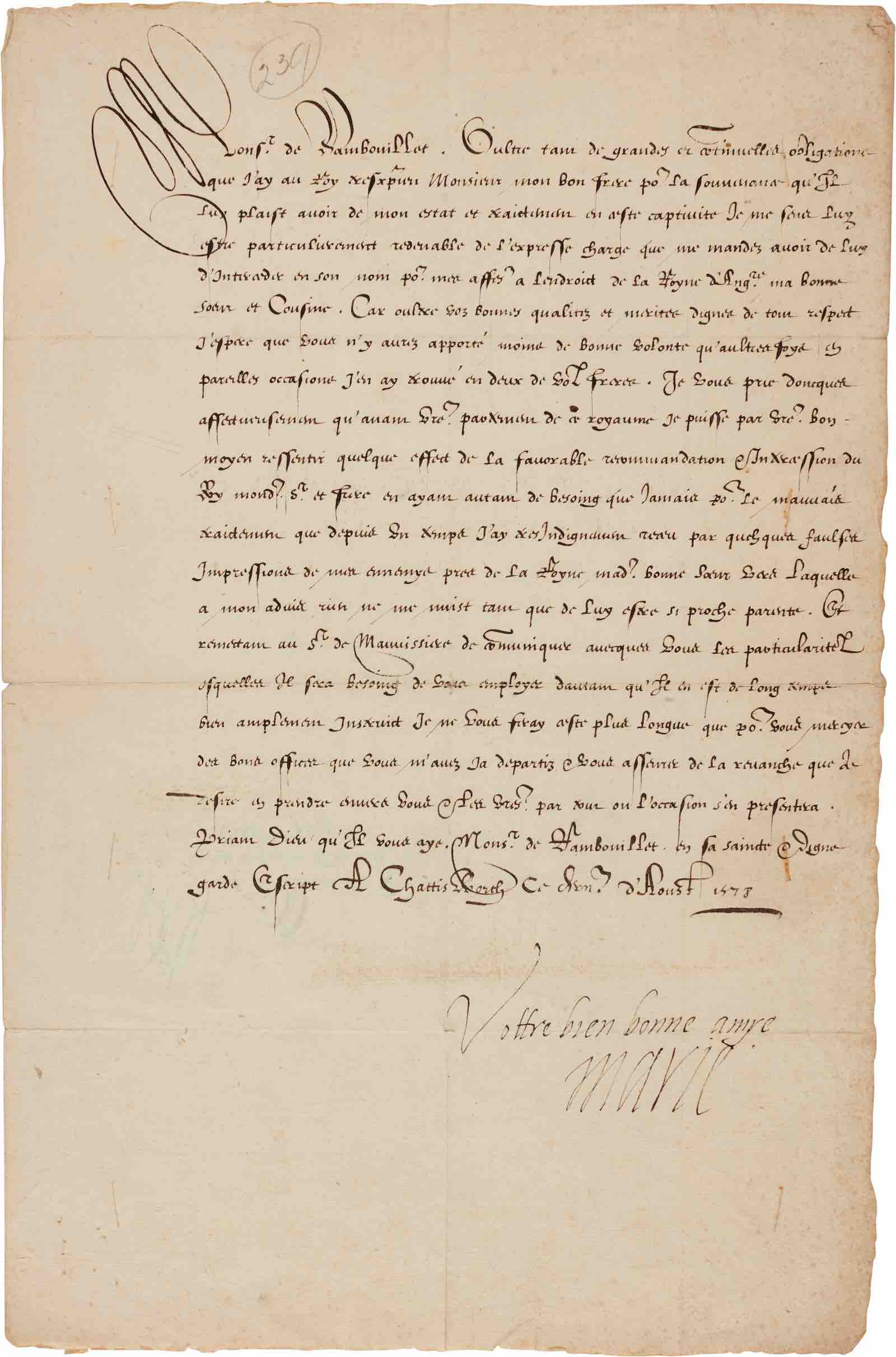 Lot 11, Mary Queen of Scots, Letter signed, to M. de Rambouillet, 31 August 1578