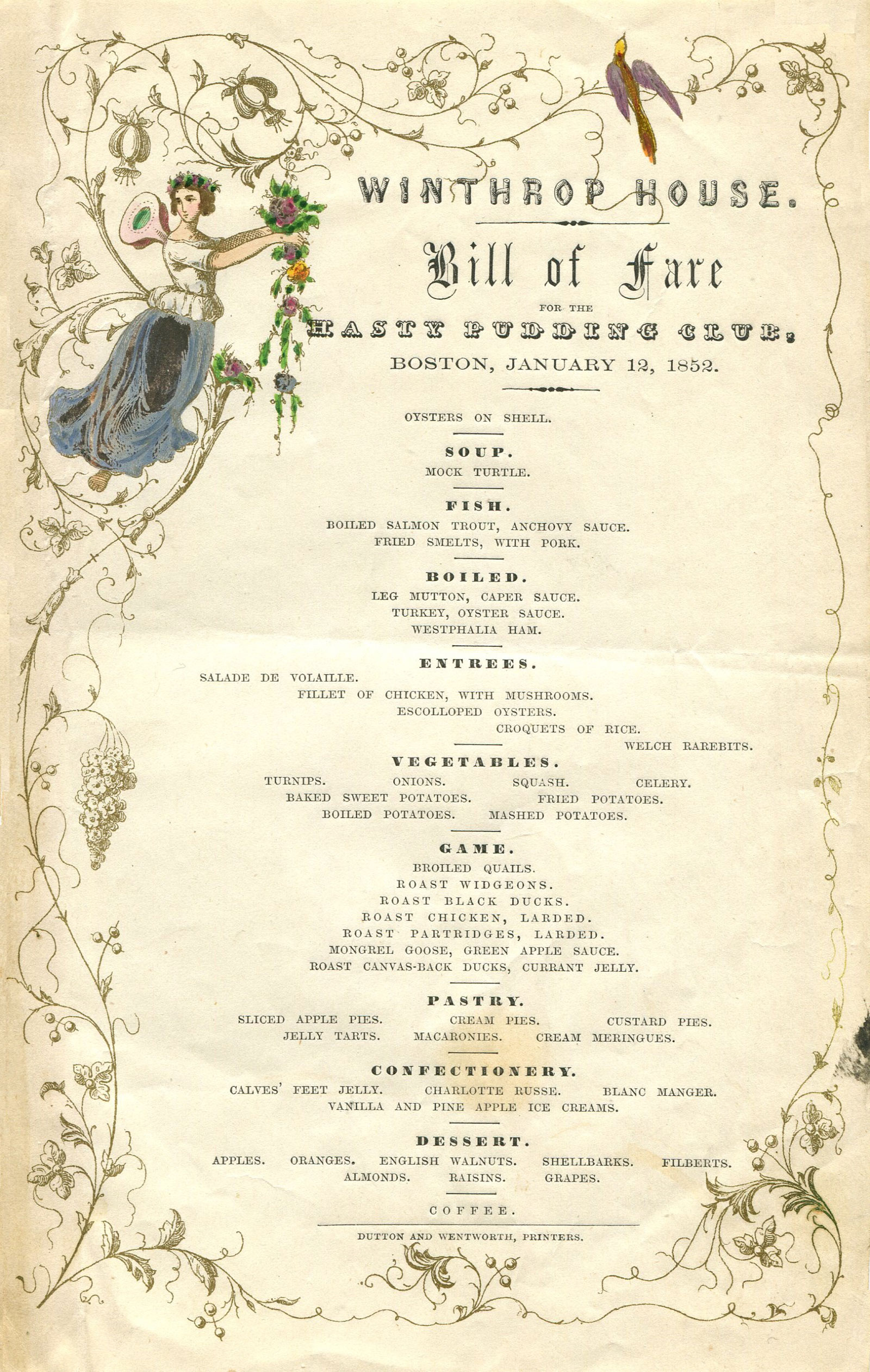 Menu for the Winthrop House Hasty Pudding club in Boston with an illustrated border with a floral design