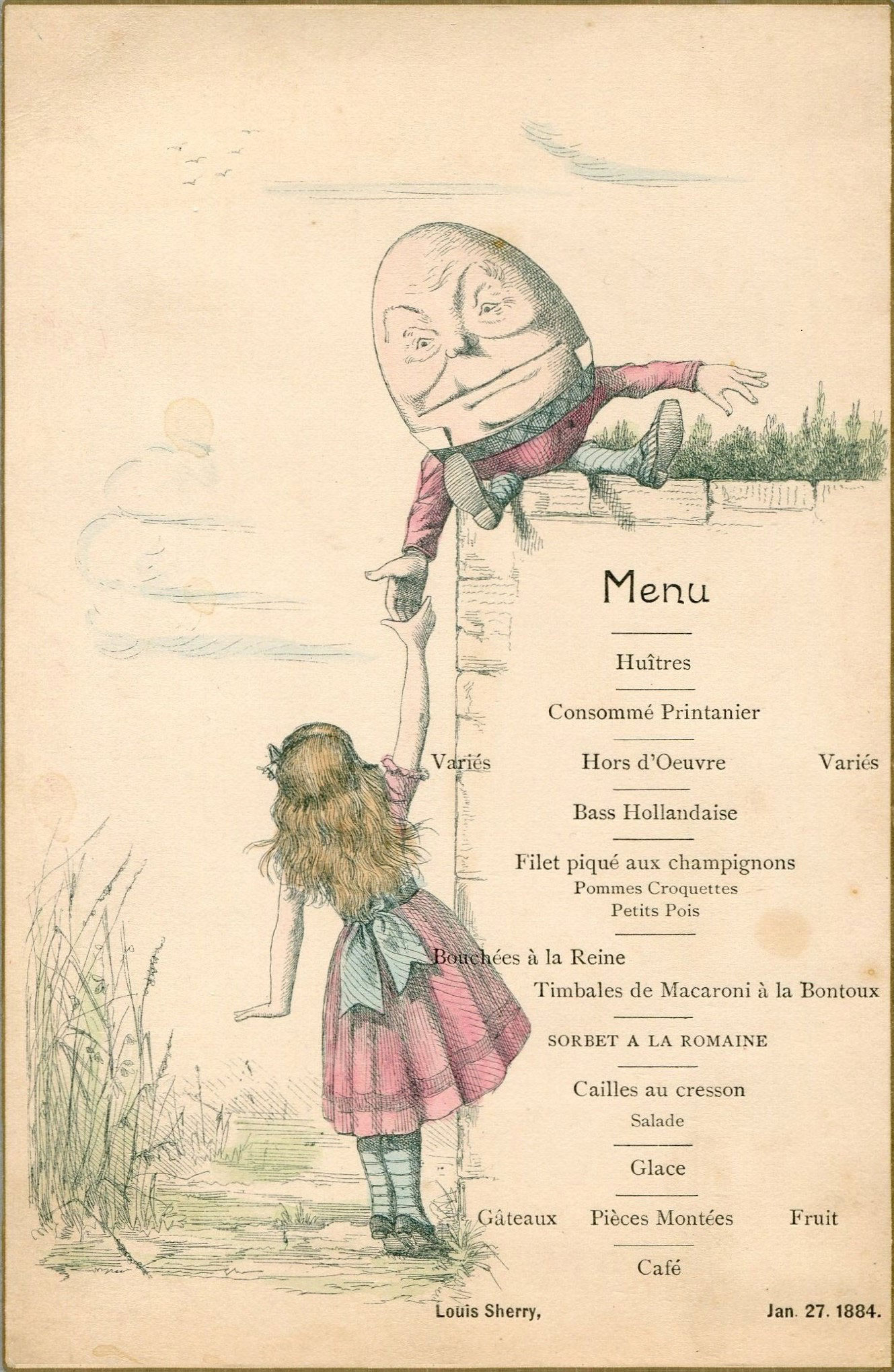 Menu for the Gem in New Orleans from 1913 illustrated with a chef and a couple dining