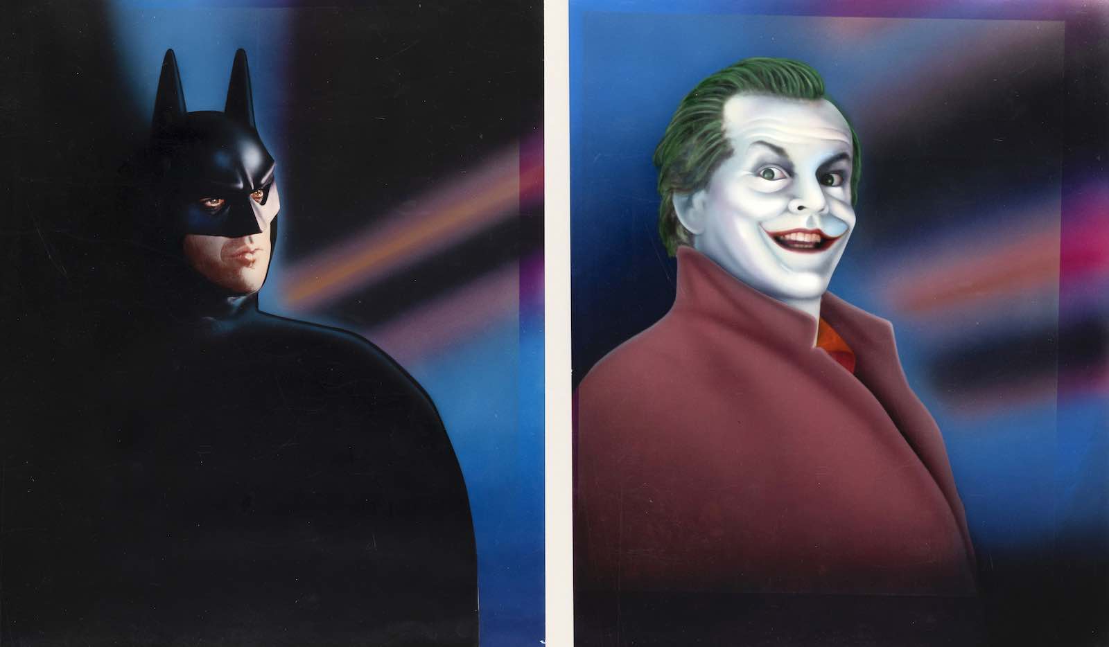 Cardback photoart depicting Michael Keaton as Batman and Jack Nicholson as The Joker from Kenner’s 1990 Batman: The Dark Knight Collection