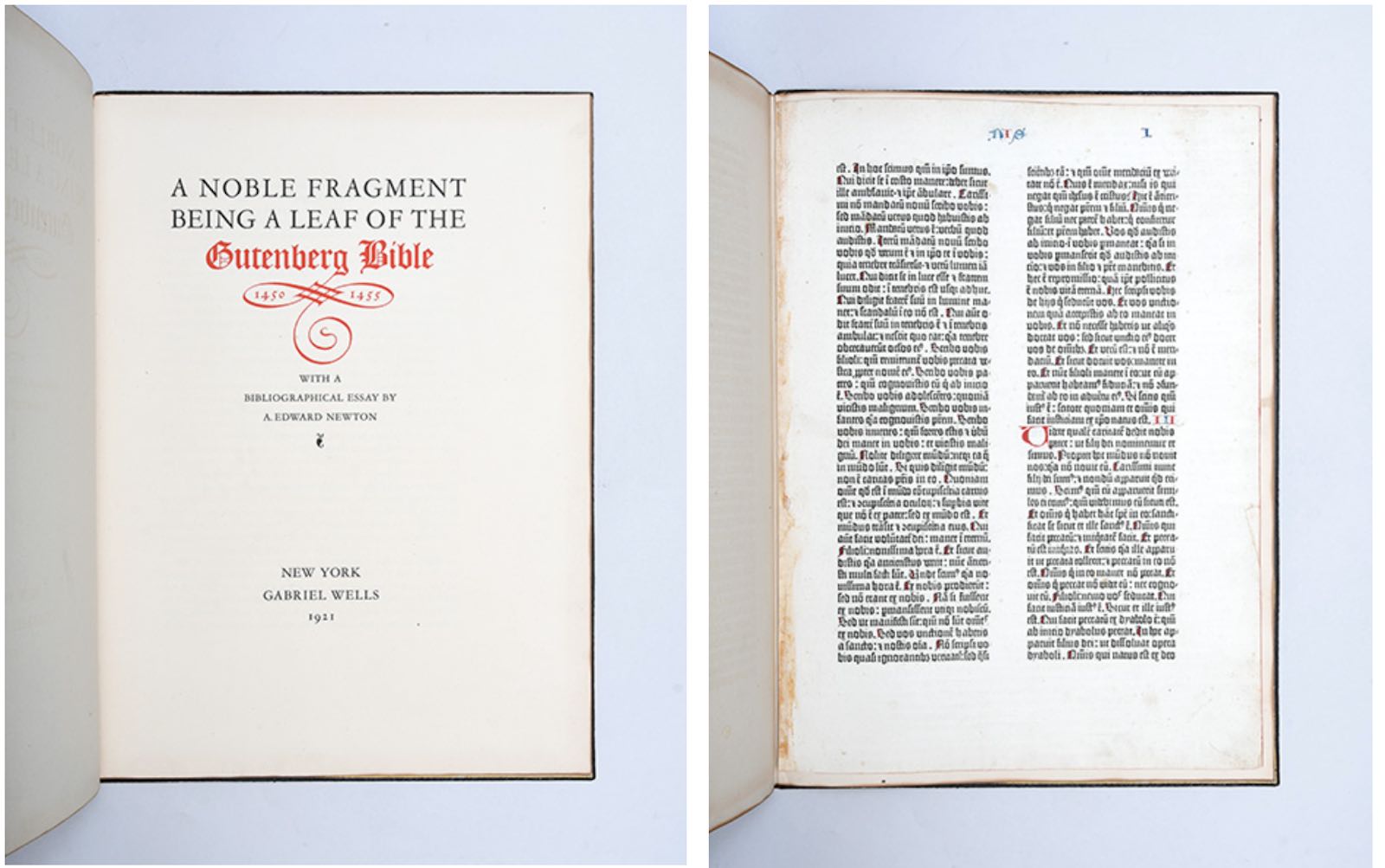 A single paper leaf from the Gutenberg bible. This “Noble Fragment” originates from an imperfect copy of the Gutenberg Bible, lacking 50 leaves.