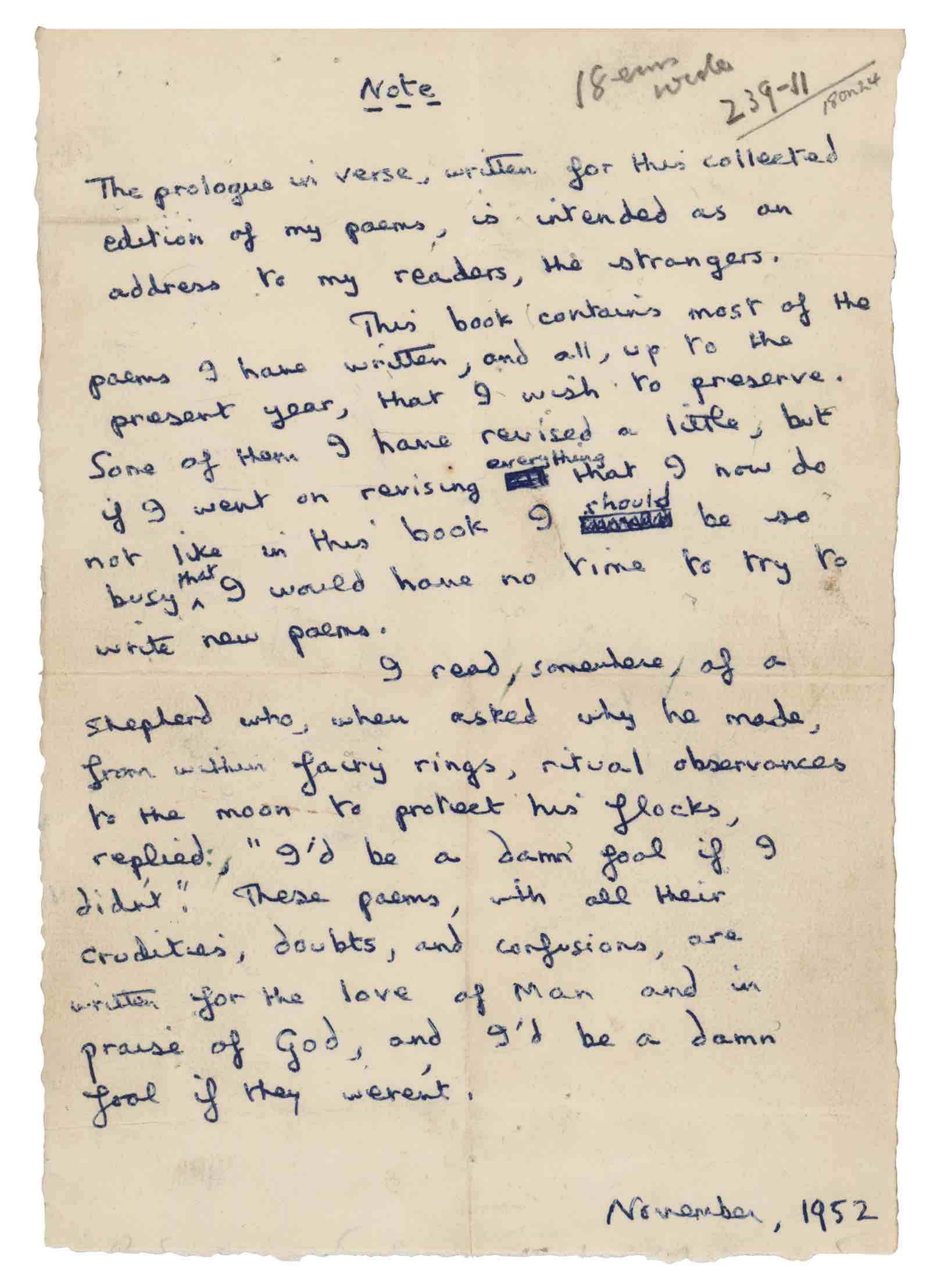 Dylan Thomas Handwritten Manuscript for Note Published in Collected Poems 1934-1952