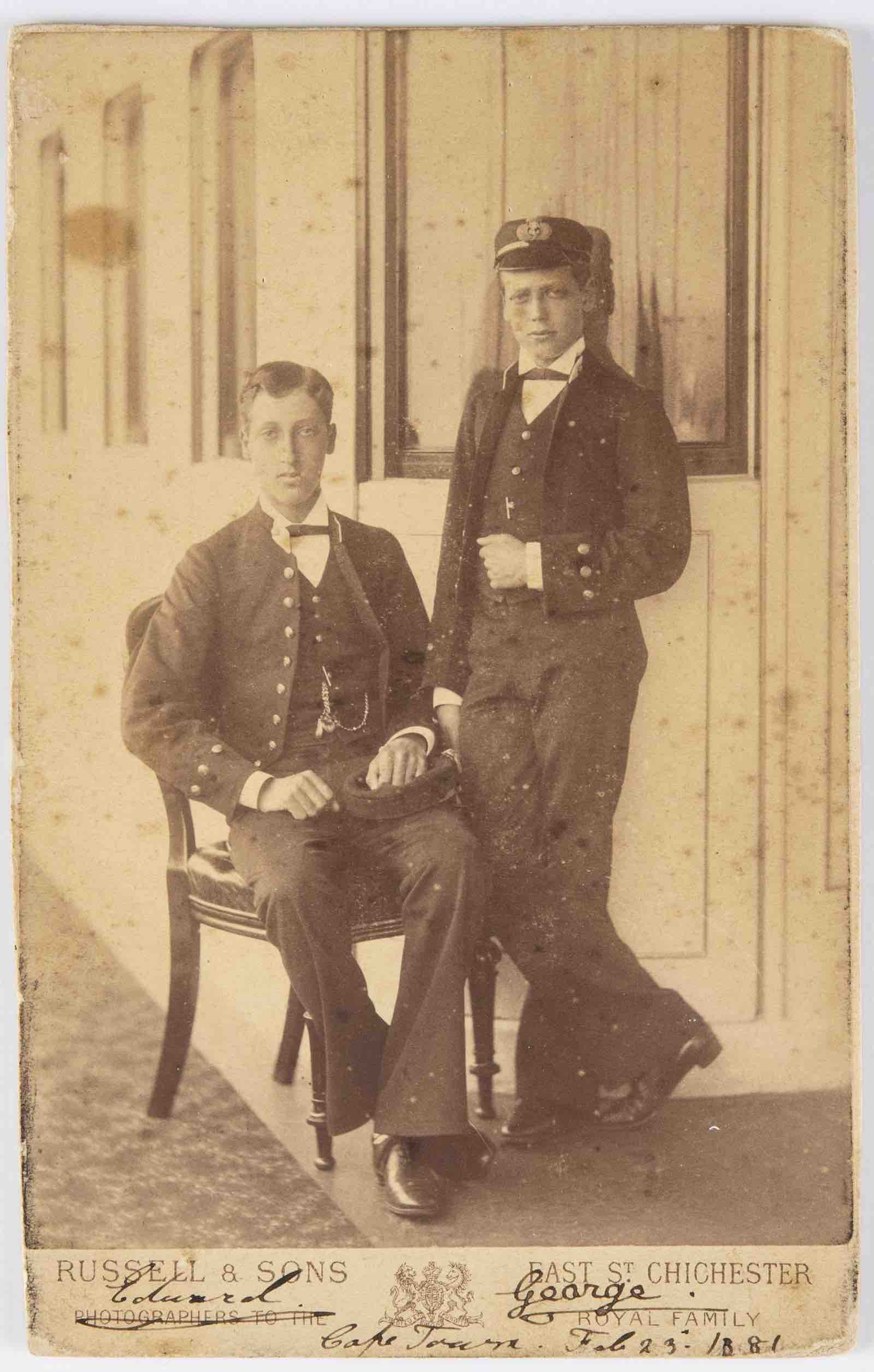 Rare photographic cabinet card signed and inscribed by George V, King of Great Britain (1865-1936) and Christian Edward Albert Victor, Duke of Clarence (1864-1892