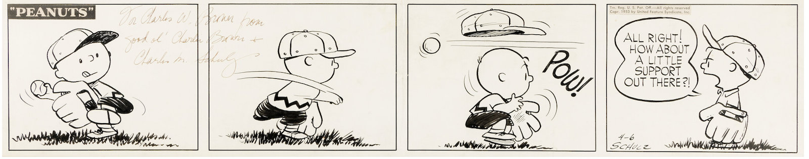 Charles Schulz, Peanuts baseball-themed daily newspaper comic strip signed to 'Charles W. Brown'