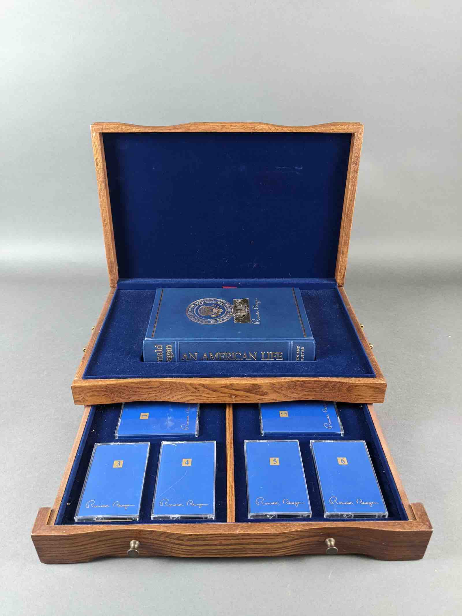 Ronald Reagan, An American Life, Simon &amp; Schuster, NY, 1990, signed deluxe octavo first edition, 748 pps illustrated with plates from photographs, 892/2000. Blue leather with gilt lettering. Oak presentation case includes six cassette tapes of Reagan’s speeches, addresses and recollections. Estimate $2,000-$3,000