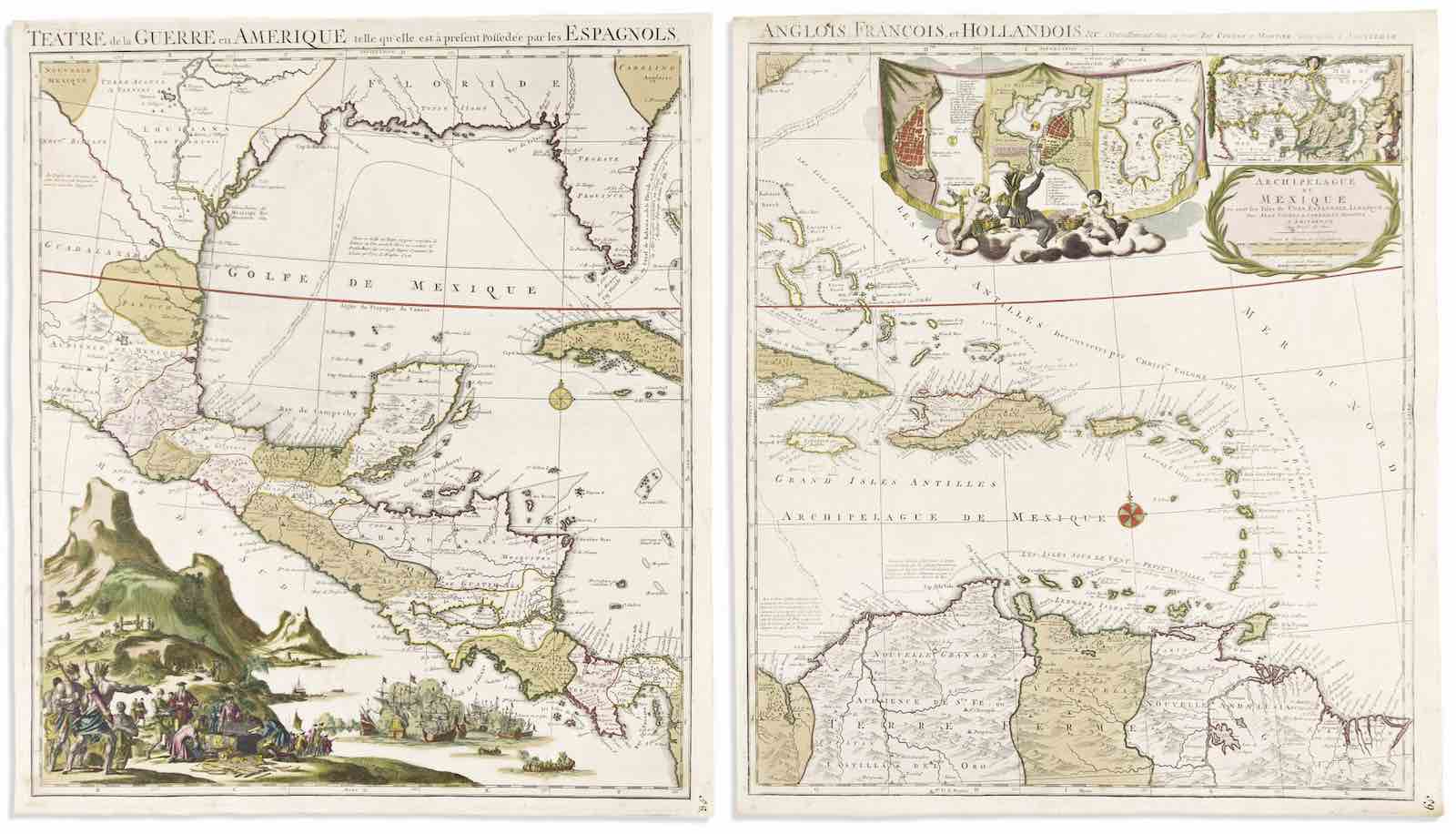 Lot 34: Johannes Covens &amp; Cornelius Mortier, Teatre de la Guerre en Amerique, large map of Florida, the Caribbean, Gulf of Mexico, Central America, and the upper part of South America on two unjoined double-page sheets, Amsterdam, circa 1725. Estimate $2,000 to $3,000.