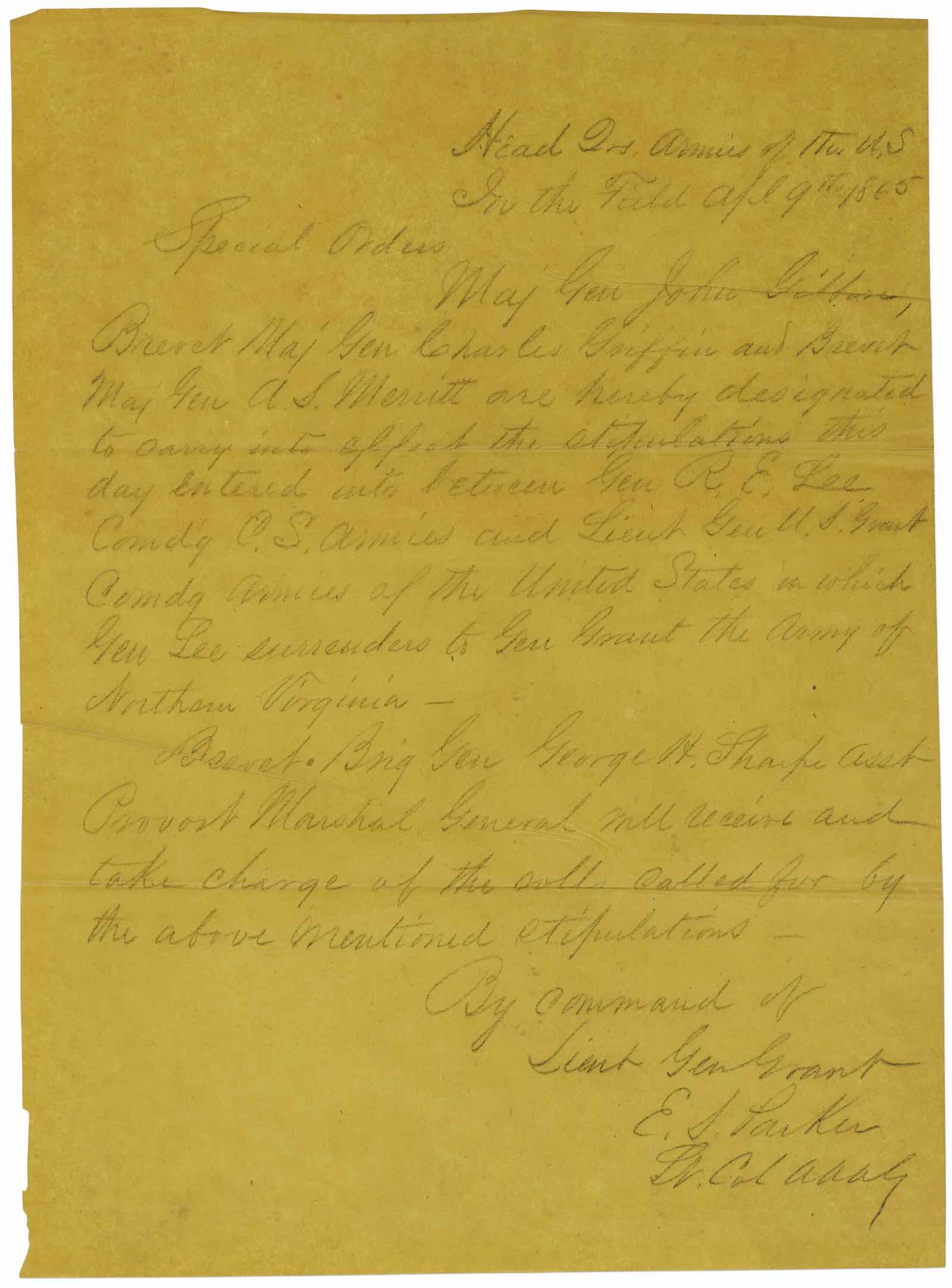 Robert E. Lee autograph letter signed (“Official E.S. Parker Lt. Col. A.A.A.G.” and adding Lee's signature "(Signed) R. E, Lee Genl"), to Lt. Gen. Ulysses S. Grant