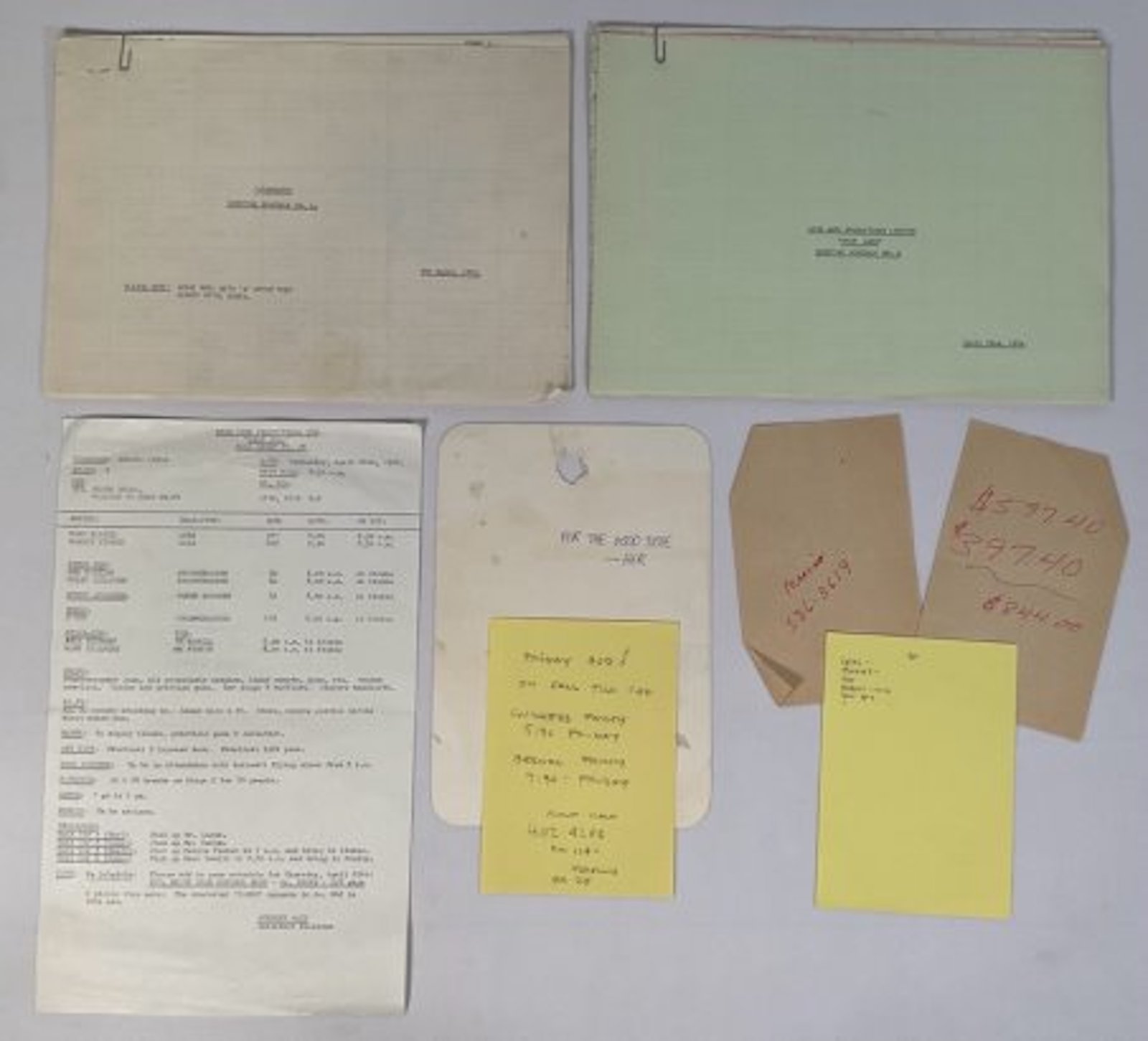 Shooting schedules, a call sheet and a collection of notes left in the London flat by Ford after filming