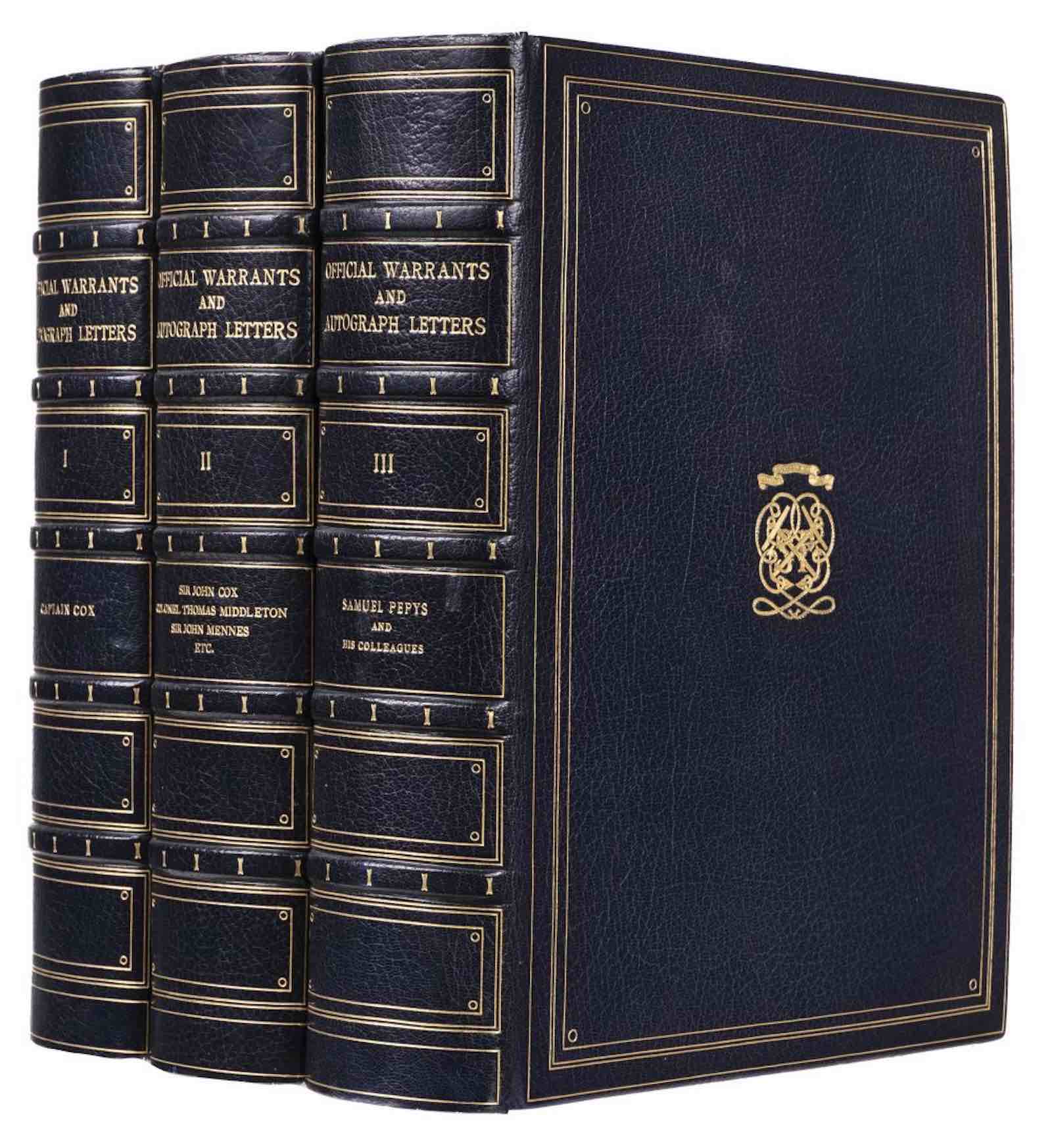 Pepys (Samuel, 1633-1703) and the Navy Board. A series of 27 documents signed by Pepys, 1668/9, in crushed blue morocco gilt by Sangorski &amp; Sutcliffe. Estimate £10,000 - £15,000.