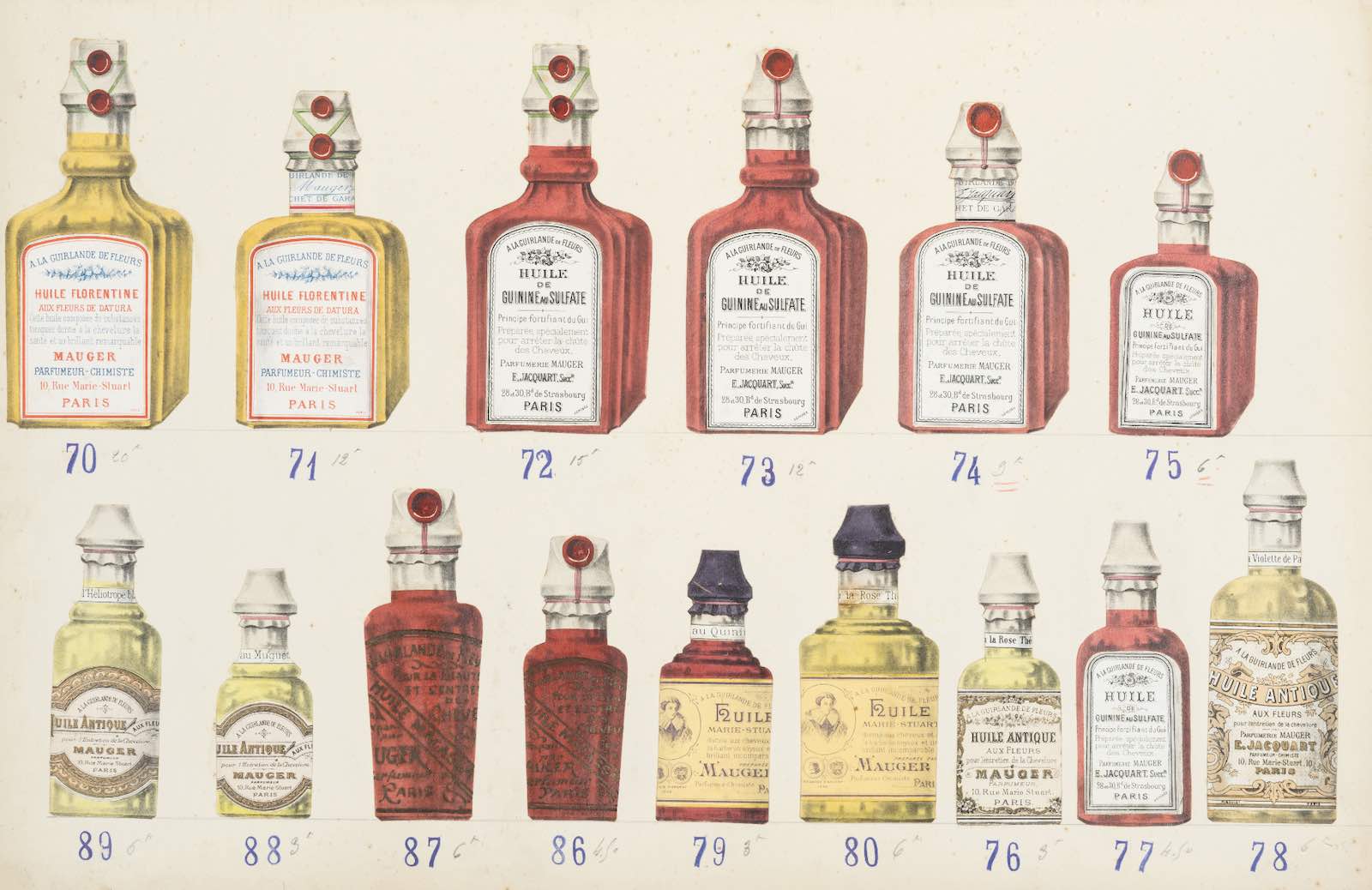Rodolphe Chamonal Librairie: The original catalog albums of a 19th century Parisian parfumerie containing over 400 labels. The album includes more than 400 printed labels, most of which are highlighted in gold or in colors, carefully presented attached to the original drawings or watercolors of the bottles or boxes with which they were associated.