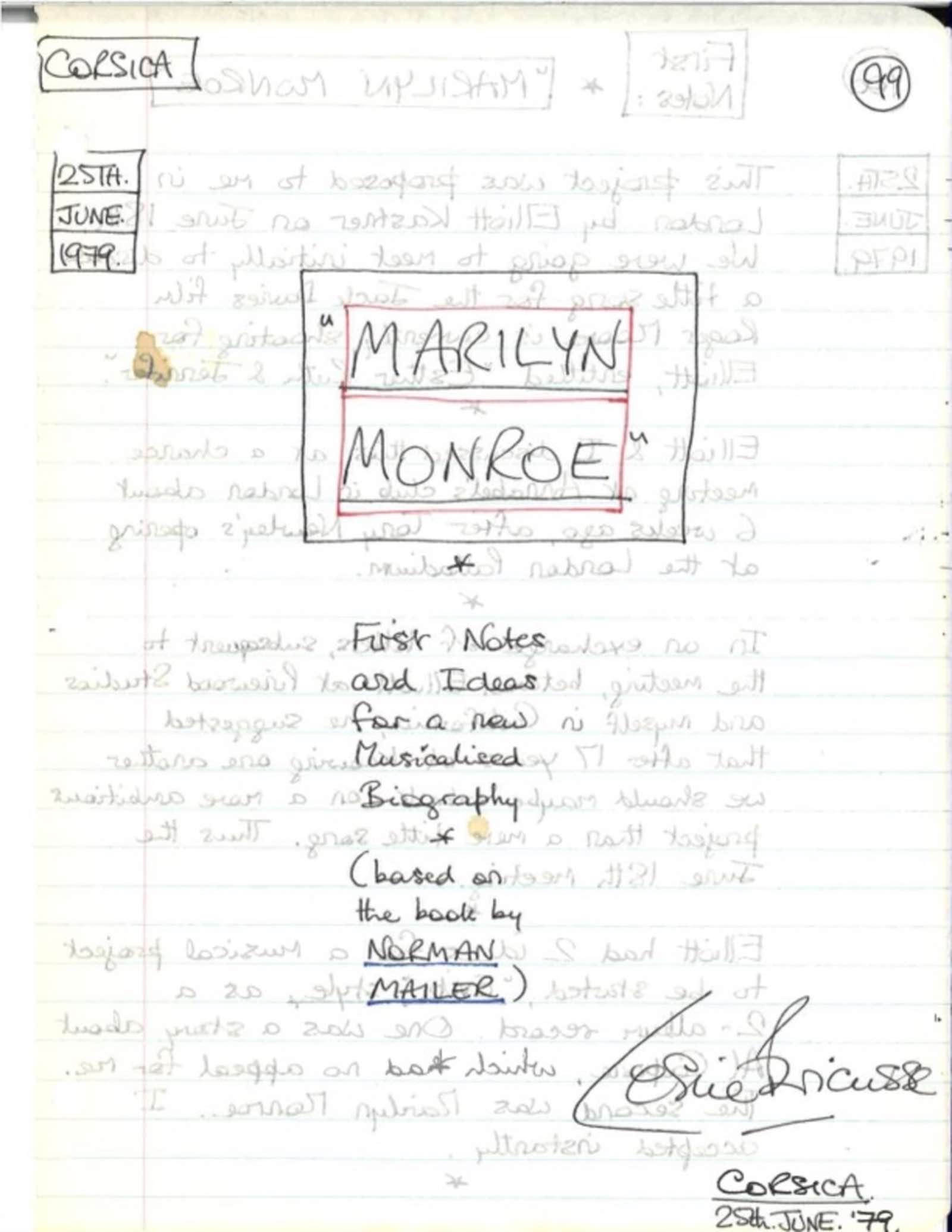 Leslie Bricusse’s notes to himself about writing a musical based on the life of Marilyn Monroe (1979; never produced).