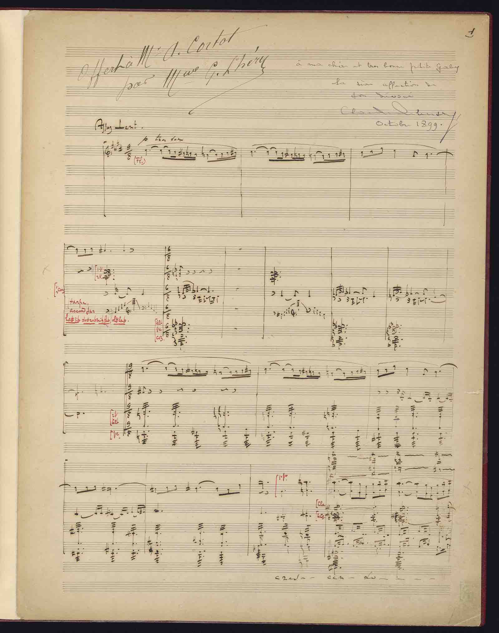 Claude Debussy, Prélude à l’après-midi d’un faune (Prelude to the Afternoon of a Faun), autograph manuscript, short score (particell), p. 1, 1894
