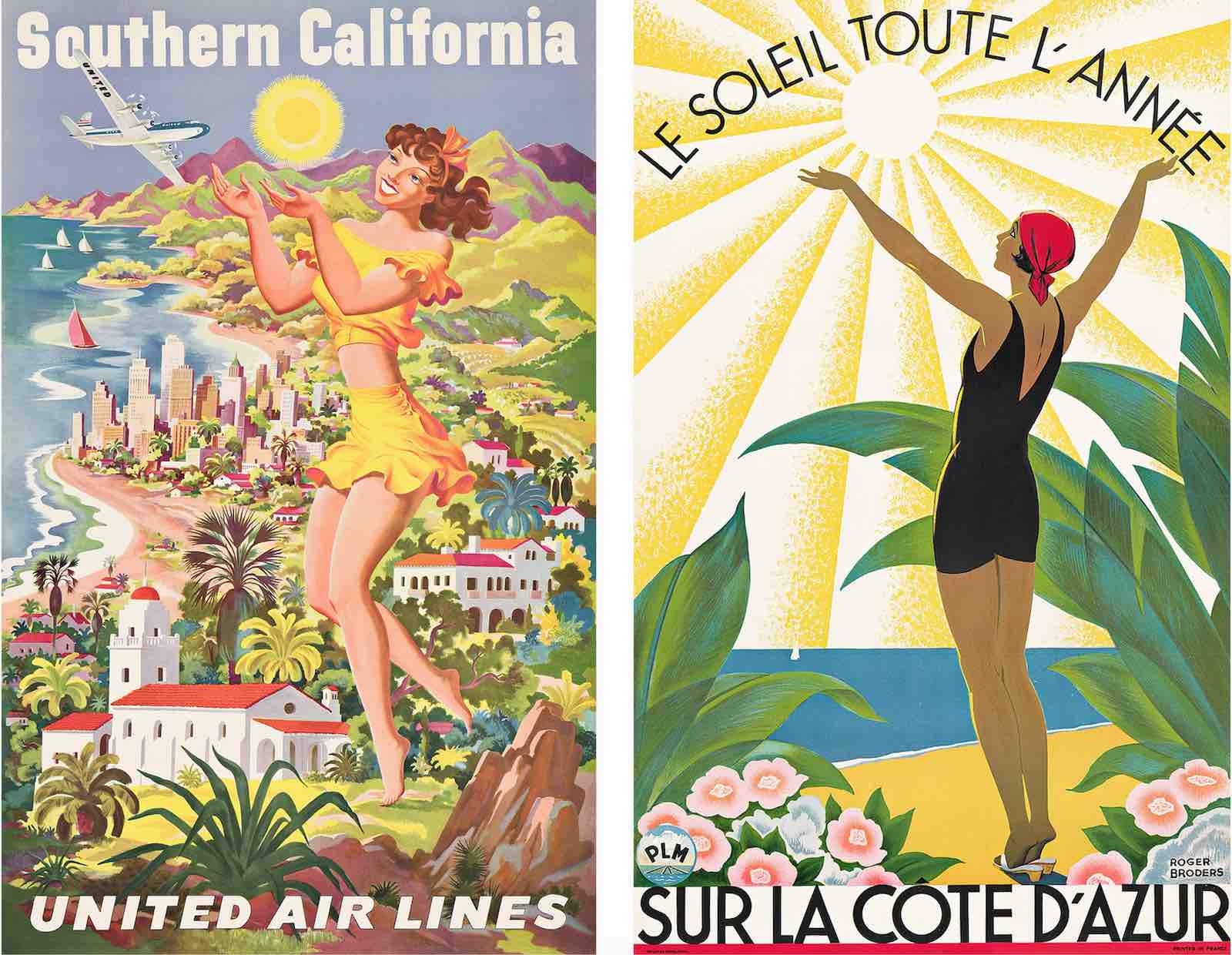 (left) Joseph Feher, Southern California/United Air Lines, circa 1950. Estimate $1,000 - $1,500; (right) Roger Broders, Sur La Cote D'Azur, circa 1931. Estimate $5,000 - $7,500.