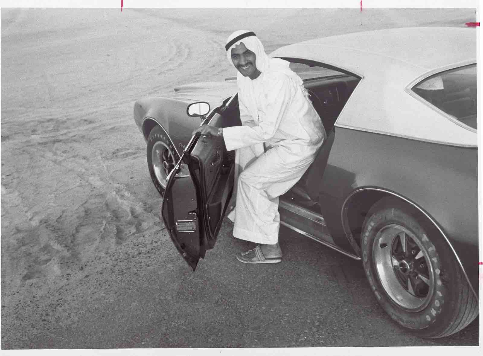 Original press photograph, Sheikh Muhammad's son with new status symbol, Dubai, 1972