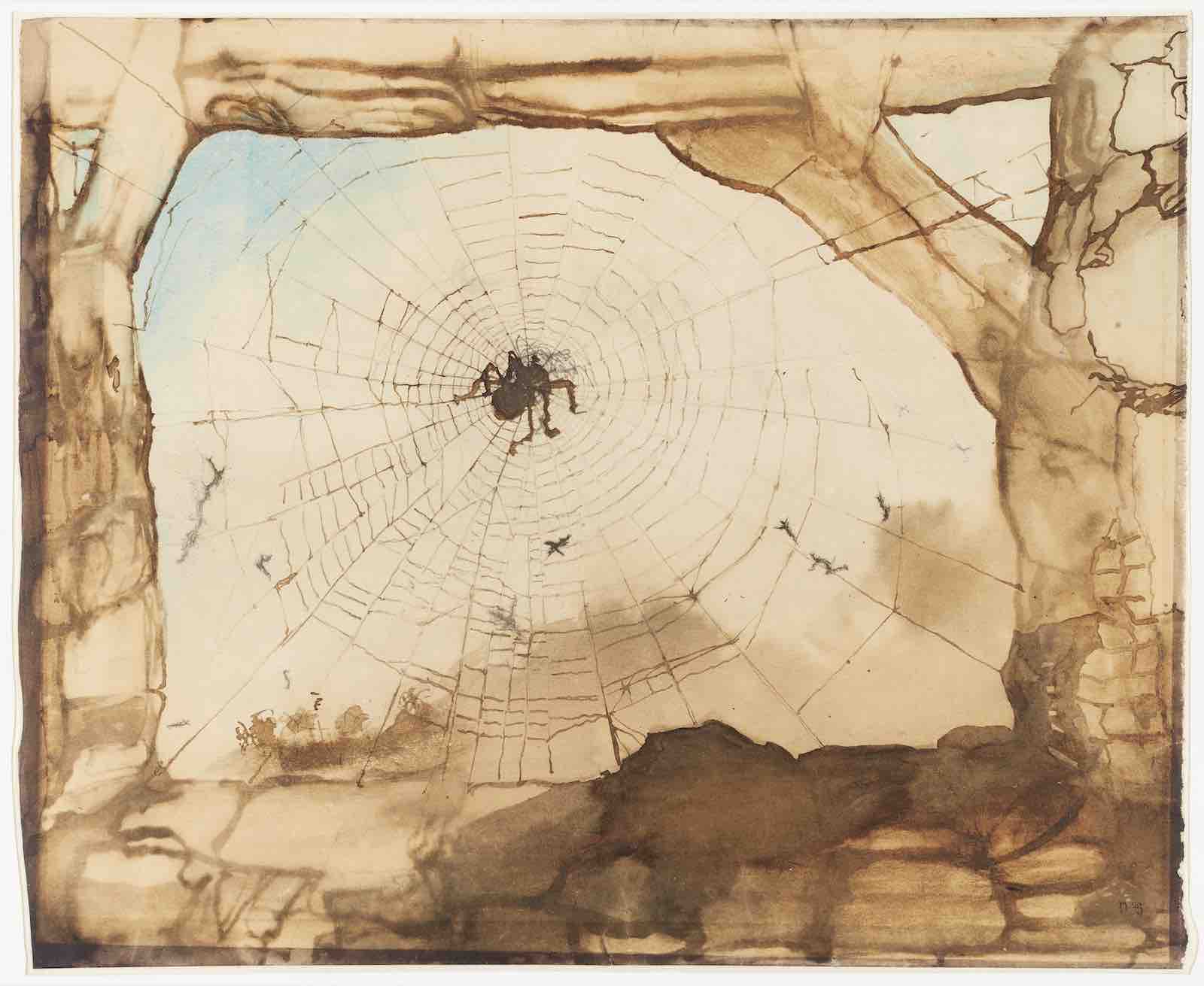 Victor Hugo, The Town of Vianden Seen Through a Spider’s Web, 1871. Brown ink and wash, and blue watercolour over graphite on paper