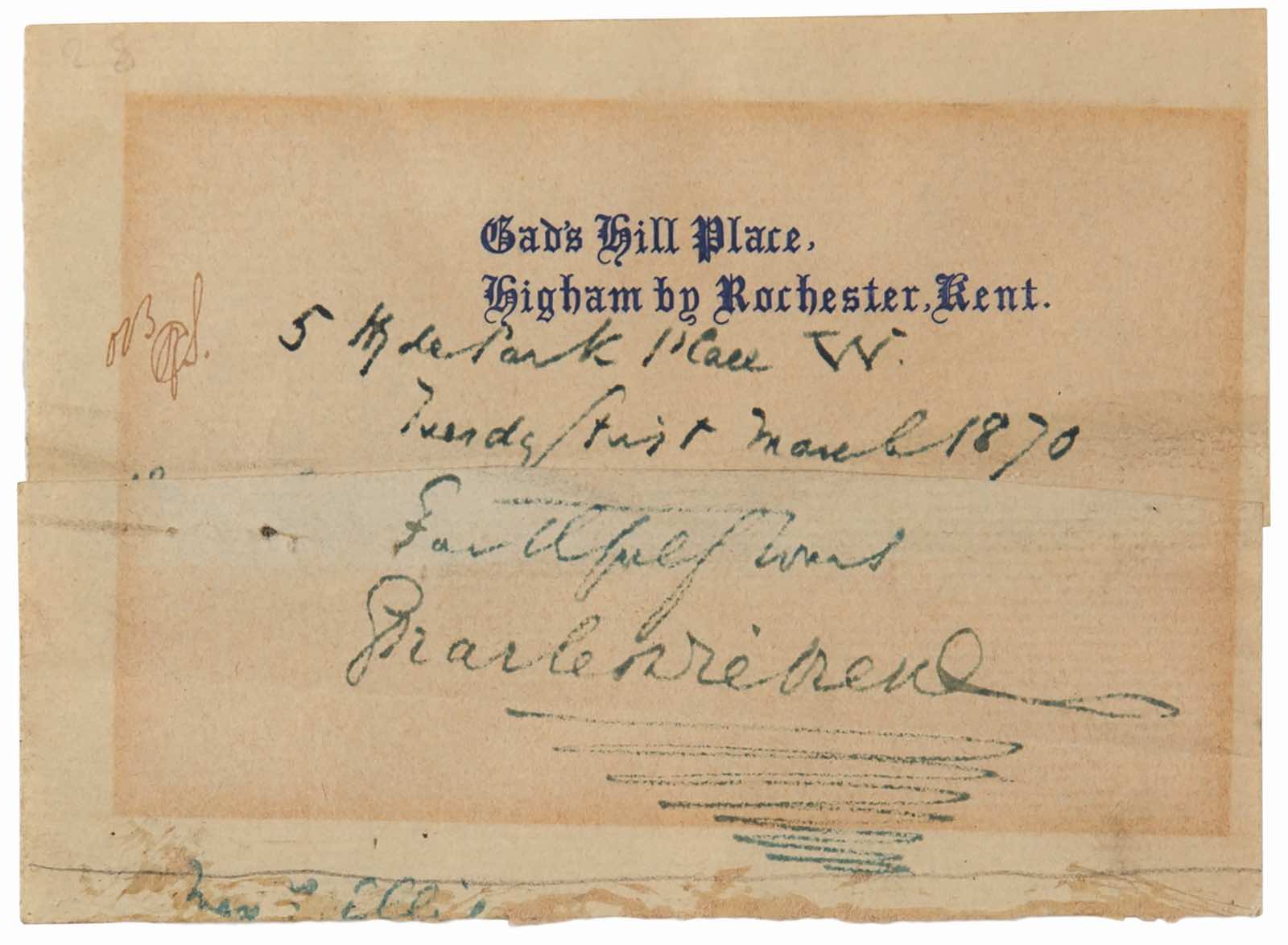 Slip of Gad's Hill Place stationery included in the lot within the desk