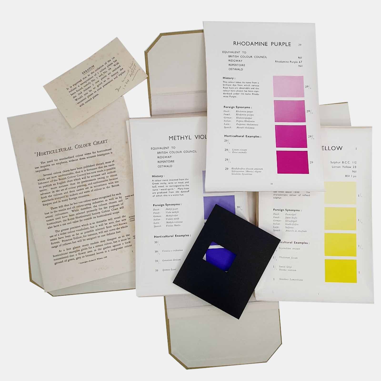 A colour sample chart used to accurately describe the different colours of plants and flowers produced by the British Colour Council in collaboration with The Royal Horticultural Society (London, 1938; 1941, first edition), two volumes, two eight-page stapled booklets, 200 loose plates each representing a different colour, with each colour sampled in 4 different tint or shades, 800 colour samples in total with black card viewing mask included far outside its horticultural scope'. Few copies of the chart hav