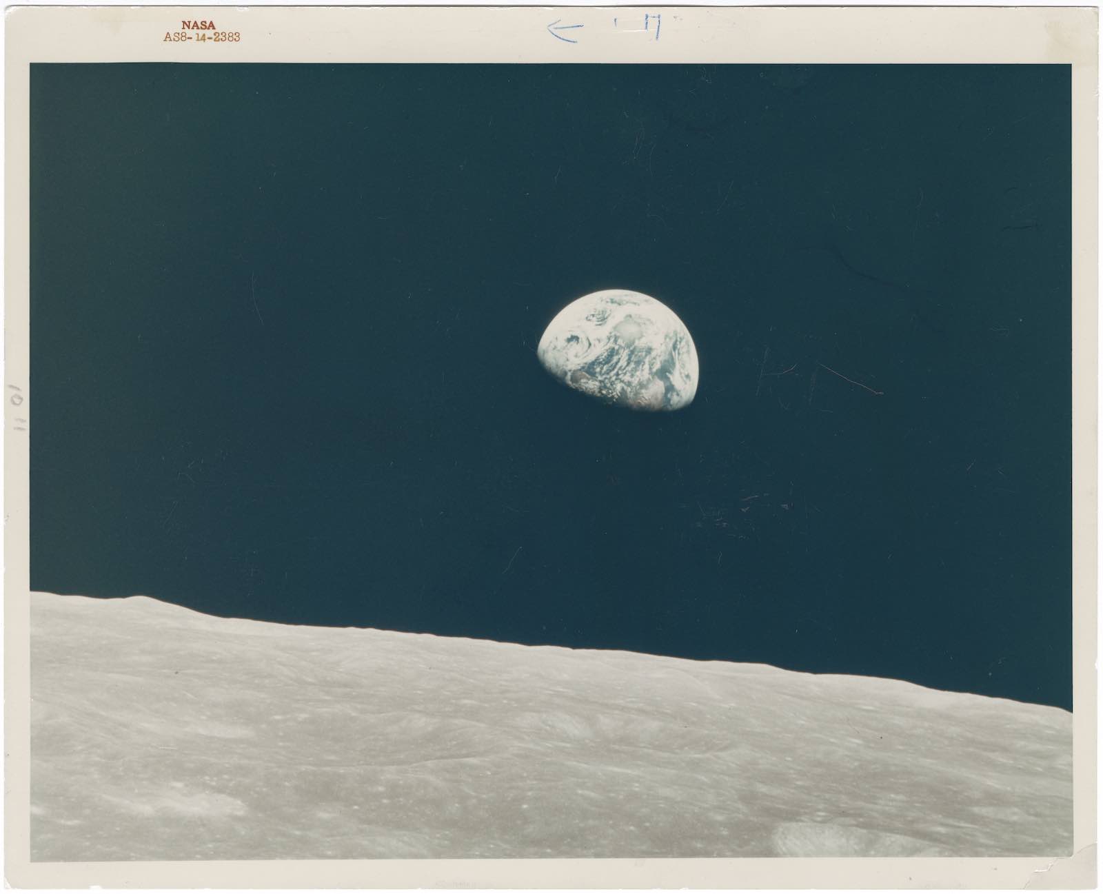 The first-ever photograph of Earthrise captured by William Anders during Apollo 8
