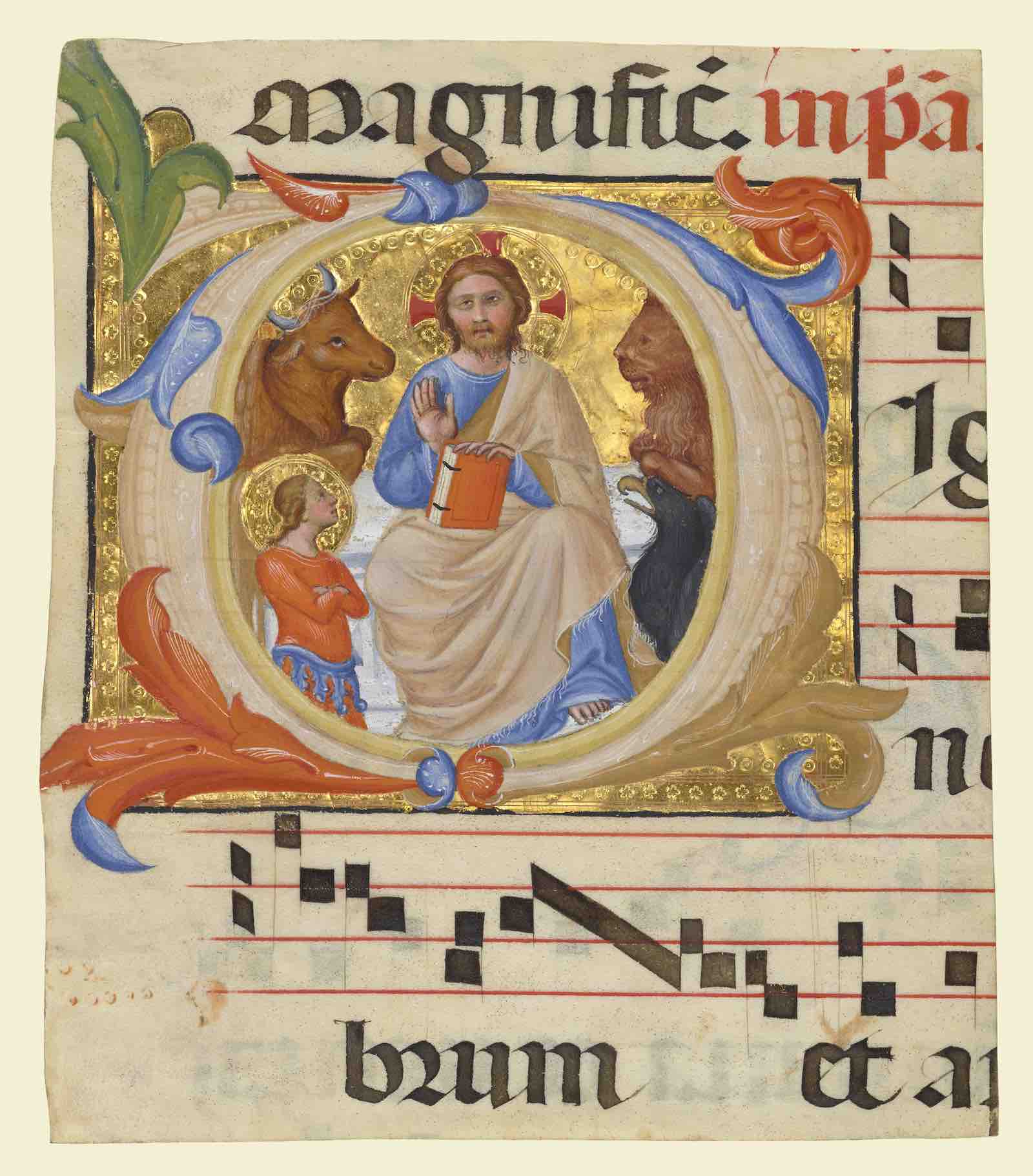 Initial D: Christ in Majesty with the Symbols of the Four Evangelists, leaf from an antiphonal, about 1390 – 1400, by Andre di Bartolo (Italian, active by 1389, died 1428). Tempera colors, gold, and ink