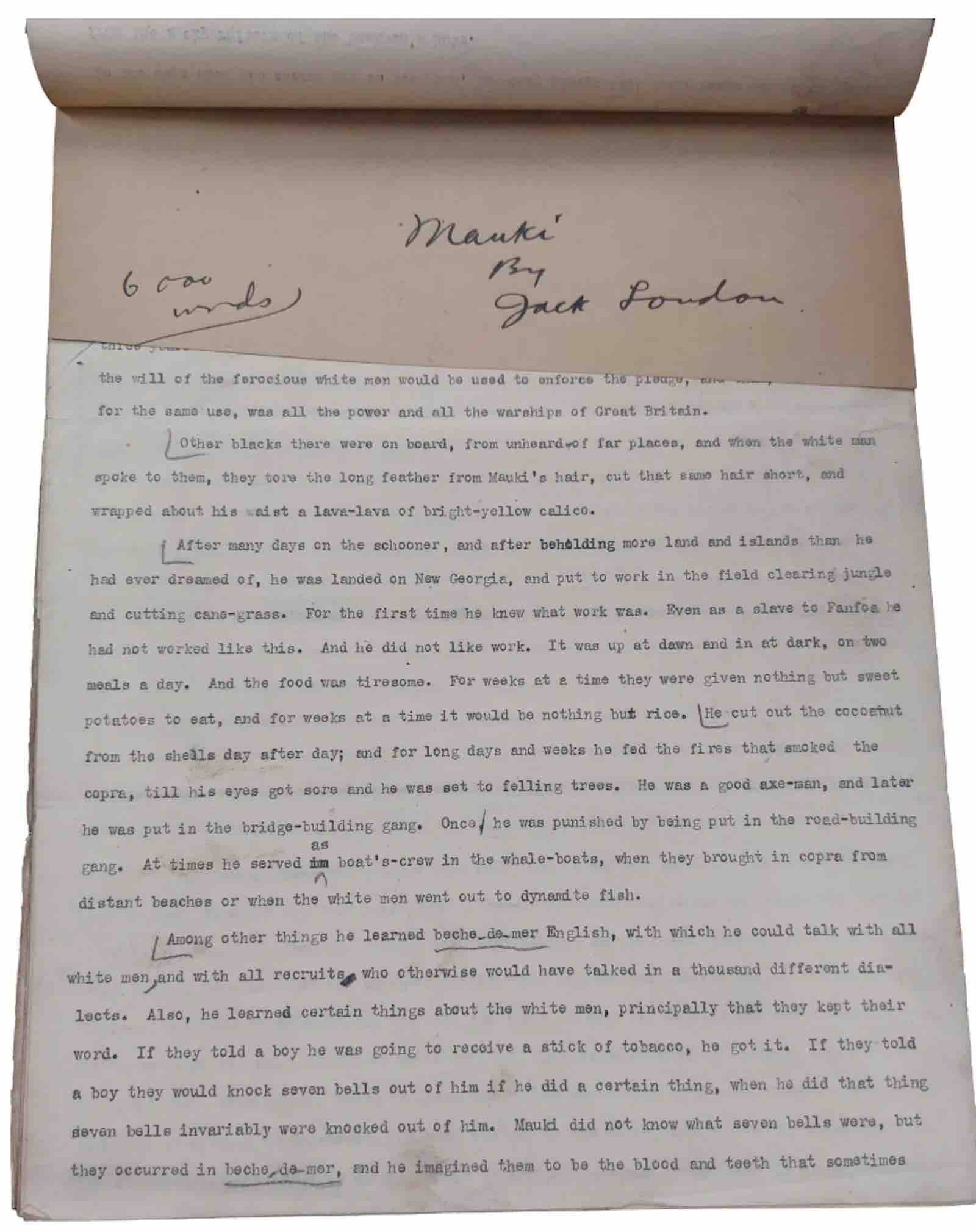 Jack London, typescript of South Sea story Mauki
