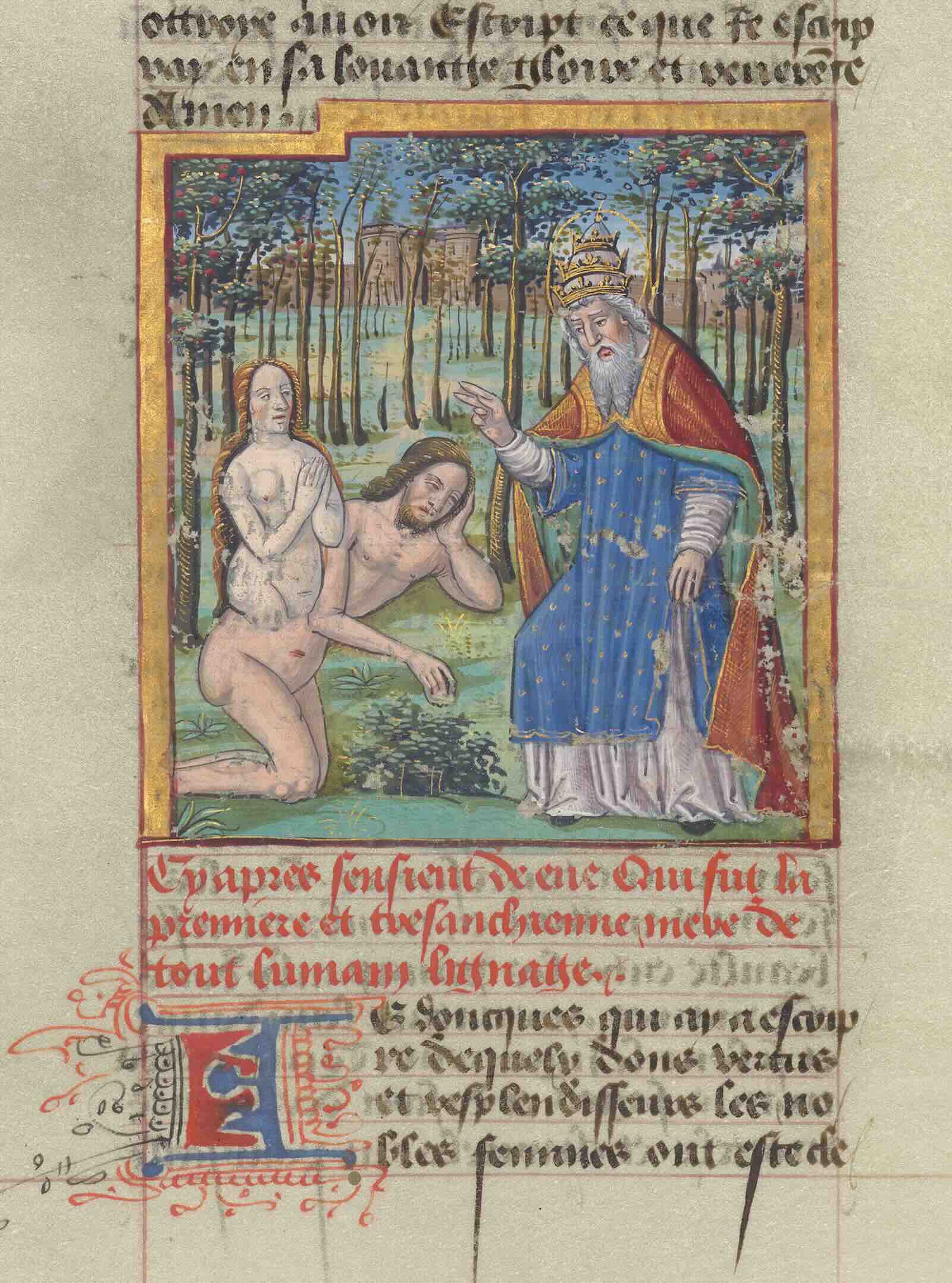The Creation of Eve (detail) from Concerning Famous Women, written about 1470 by Giovanni Boccaccio; illuminated about 1515 by Étienne Colaud (active 1512–41). Tempera colors, gold, and ink on parchment.