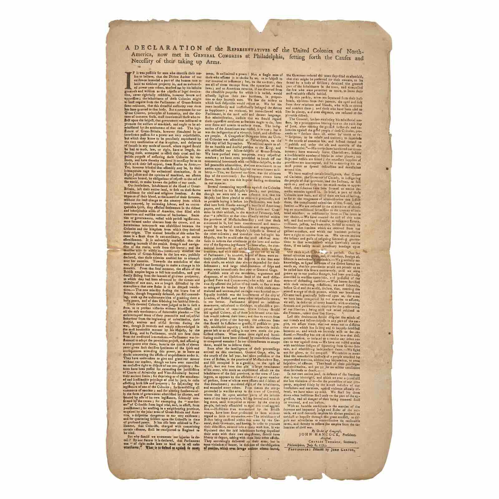 1775 single-sheet Providence broadside printing of the Declaration of the…Causes and Necessity of…Taking Up Arms