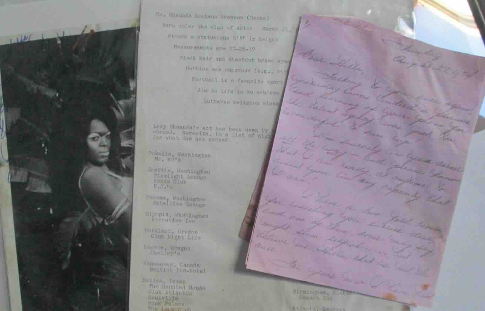Small archive of letters and photos from drag performer Shaunda Roshaun Grayson, circa 1970s