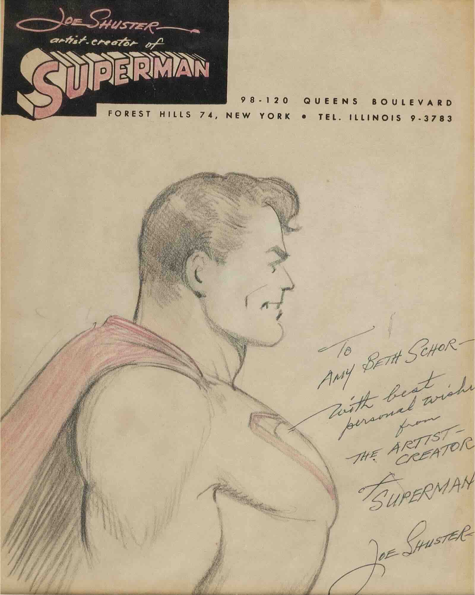 The Shuster illustration of Superman on the artist’s own letterhead.