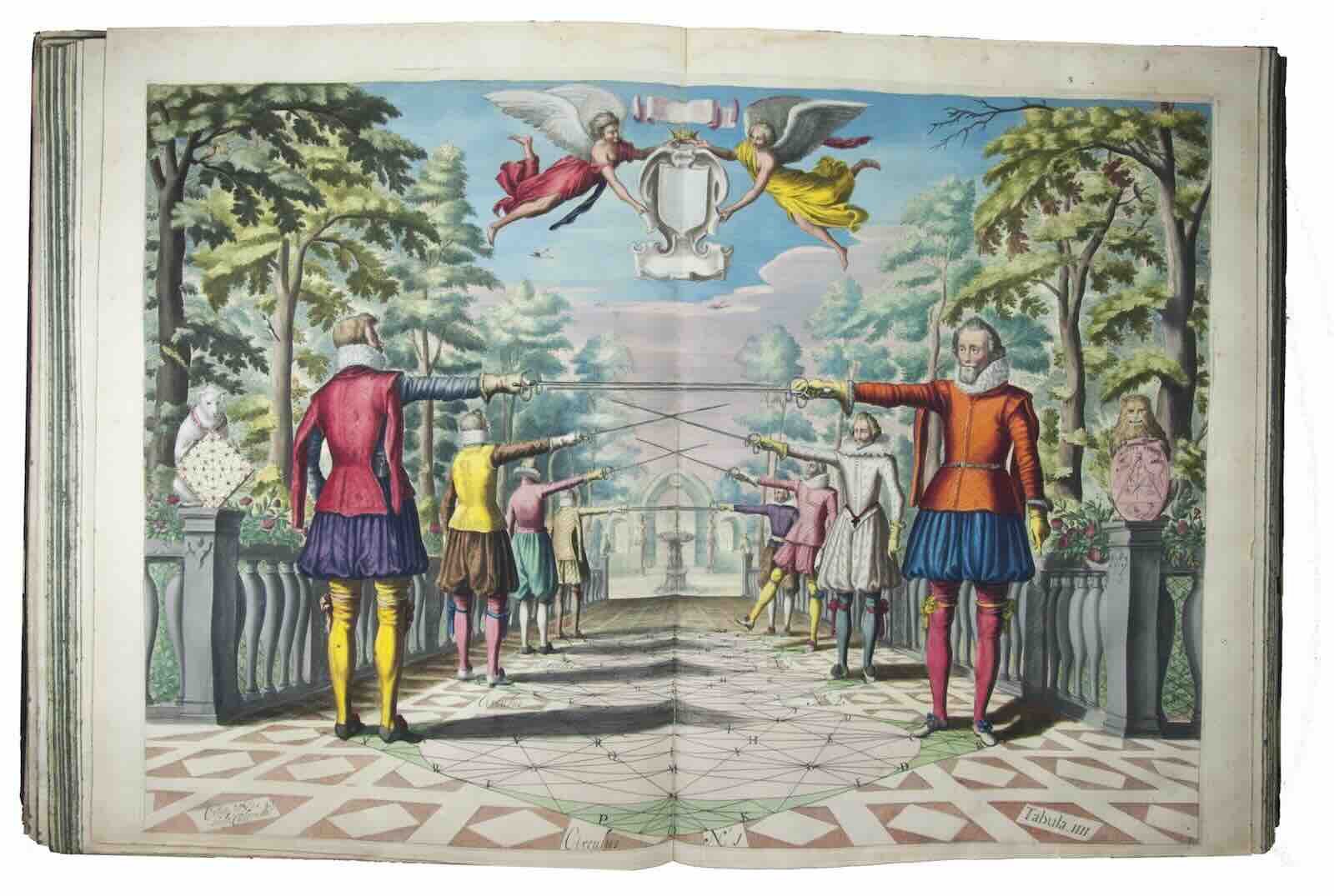 Fencing manual Academie de l’espée by Girard Thibault d'Anvers (printed in Leiden by Bonaventura and Abraham Elzevier), with 45 enormous double-page illustration plates, colored in 1629 by the painter David Bailly for King Louis XIII’s second cousin Henri II de Bourbon, Prince of Condé