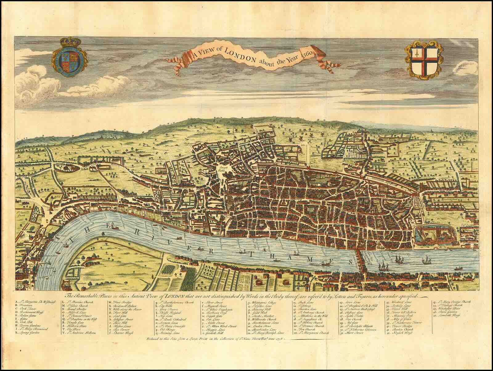 Around the time John Rocque was making his map, the artist and engraver George Vertue copied this view of London in 1560 from an ancient print in the possession of Hans Sloane which was later used as the title plate to William Maitland’s History and Survey of London From its Foundation to the Present Time published in 1739.