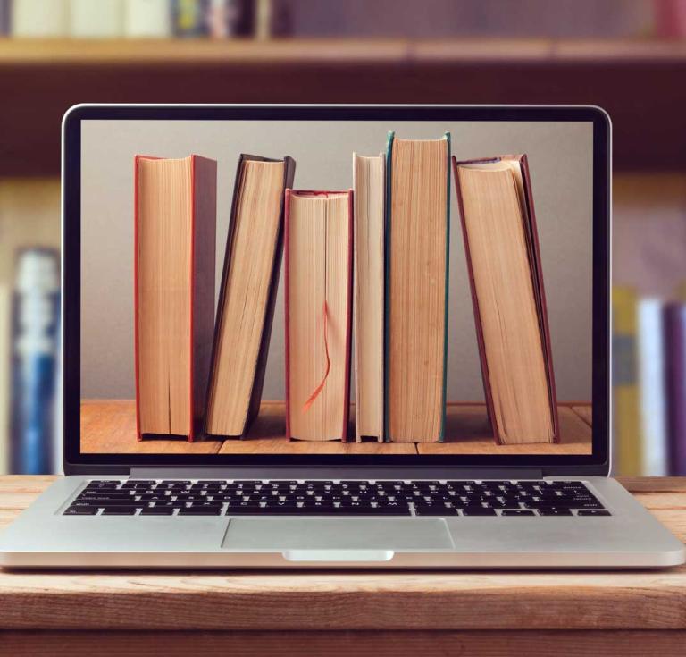 row of books on laptop monitor