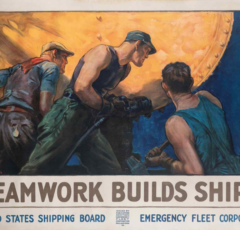 Teamwork Builds Ships  Color lithograph poster by William Dodge Stevens
