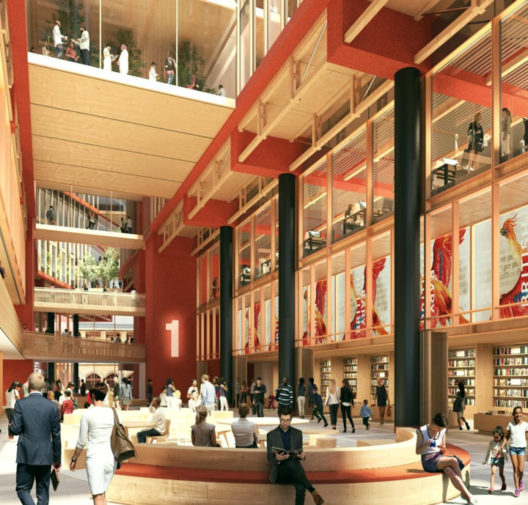 Artist’s impression of the new British Library extension, featuring visitors exploring the site and surrounding space