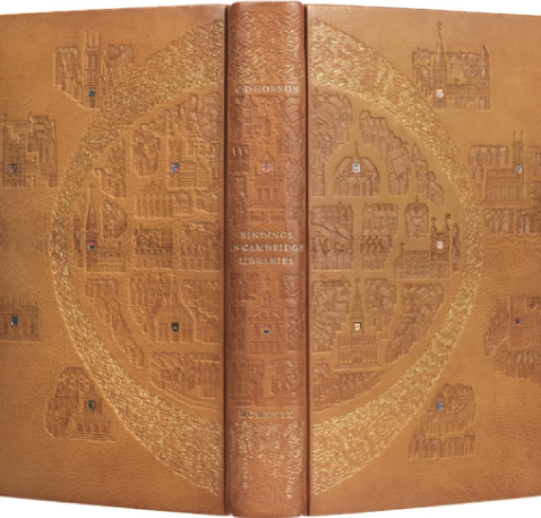 Christopher Clarkson design binding on Hobson's "Bindings in Cambridge Libraries," with spine out showing both covers.