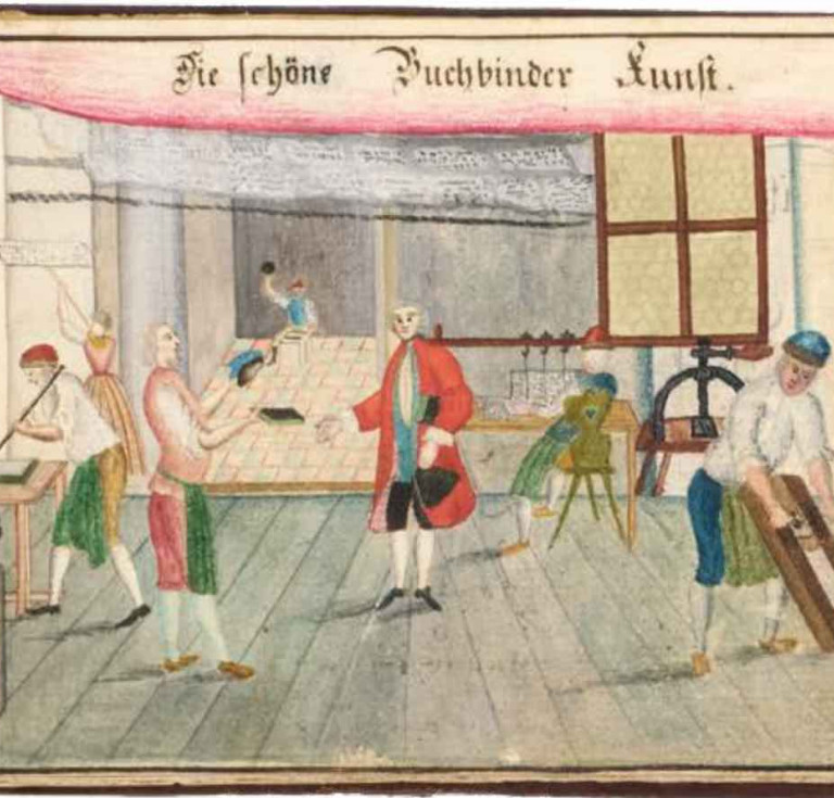 Illustration of a bindery from Denckmal der Freundschafft von Gottlob Ehrenfried Knothe, 1778, offered by Bernard Quaritch.