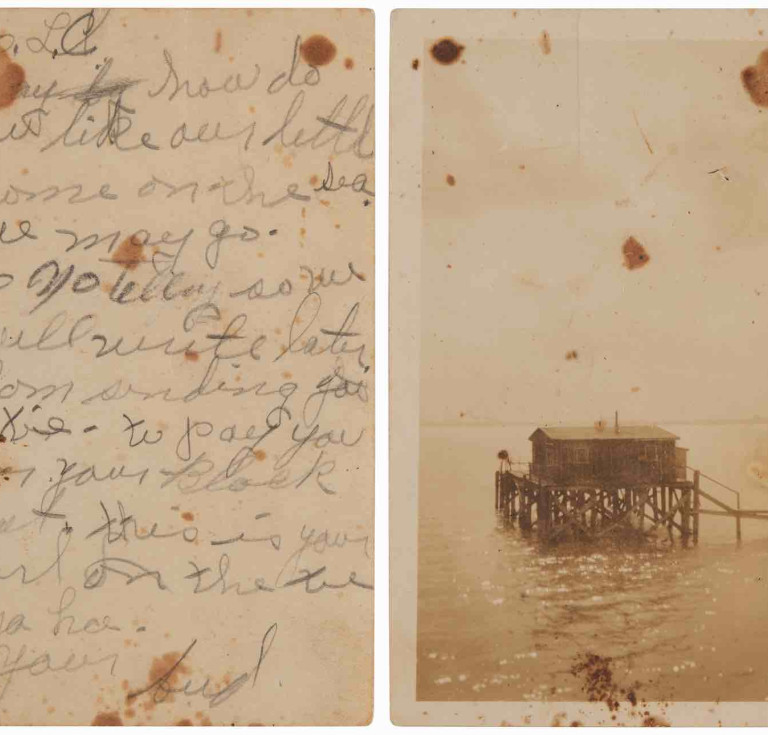Handwritten letter from Clyde Barrow to his brother on the back of a photograph of one of the gang's Gulf Coast hideouts