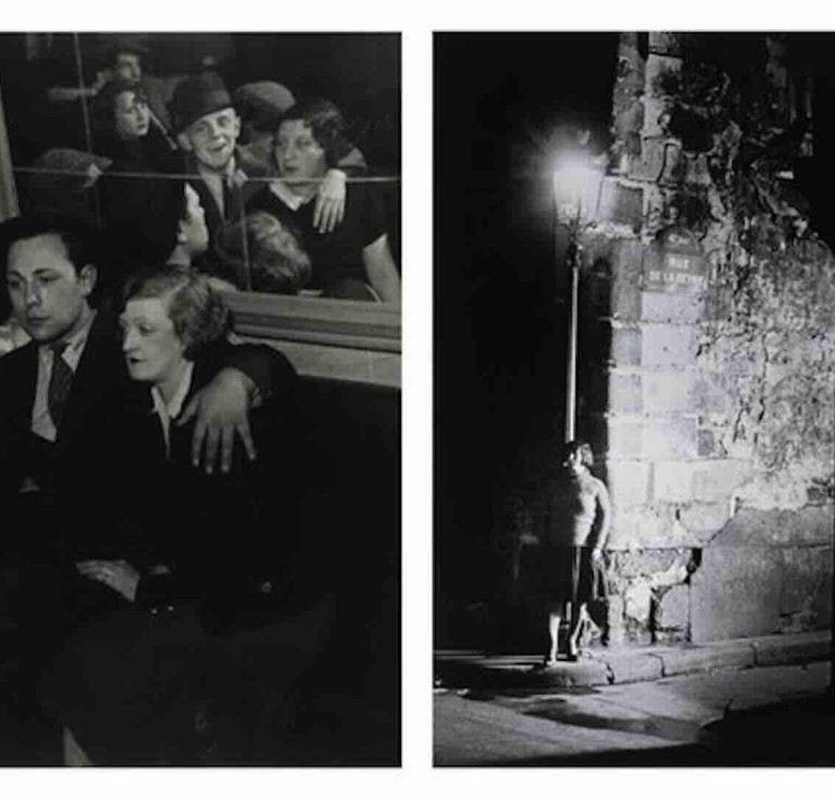 Left, Brassaï, A happy group at the Quartre Saisons (Groupe joyeux au bal musette de Quatre-Saisons), c.1932. Gelatin silver print. Right: Brassaï, Girls in miniskirts at Les Halles (Filles aux Halles en Mini-jupe), 1930s Gelatin silver print.