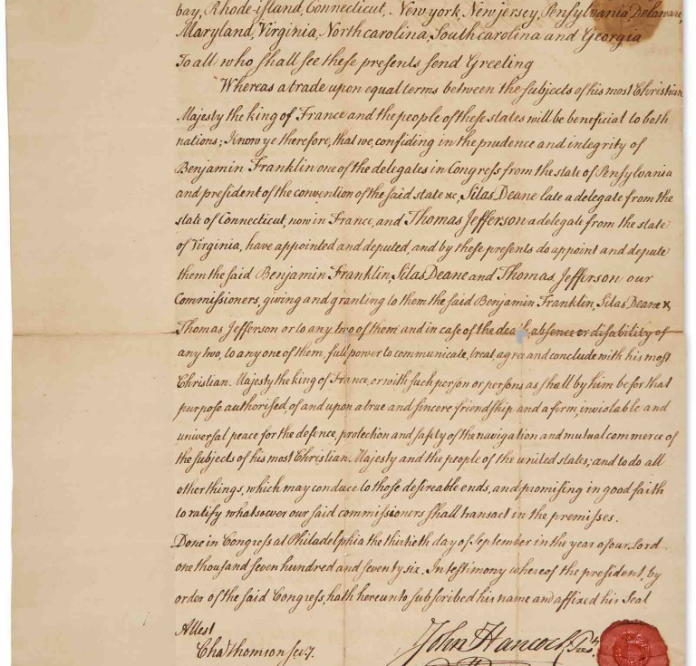  Lot 29: Letter of credence appointing Benjamin Franklin, Thomas Jefferson, and Silas Deane commissioners to the court of France to negotiate a treaty of alliance, September 30, 1776, sold for $563,200 