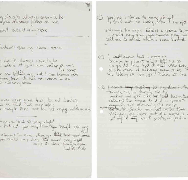 Two pages of handwritten working lyrics to Genesis's 'That's All'