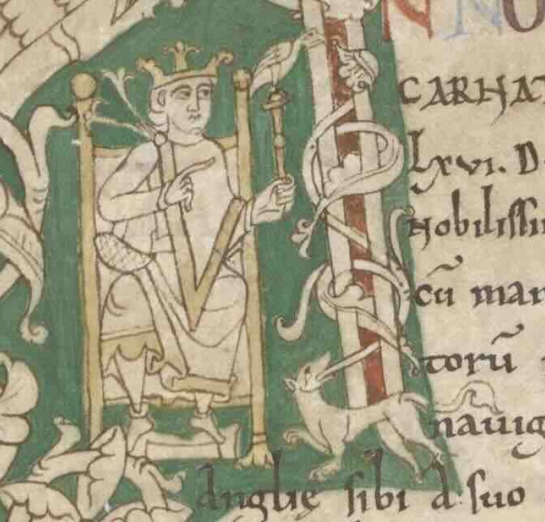 Decorated initial 'A' depicting William the Conqueror seated on his throne, from the late 12th century Chronicle of Battle Abbey housed at the British Library